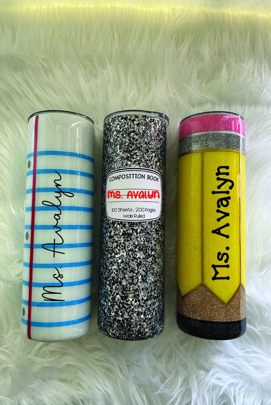 Teacher Tumbler: Stainless Steel Pencil & Notebook Design (20 oz) by Lina Loves Two, handmade in Los Angeles CA