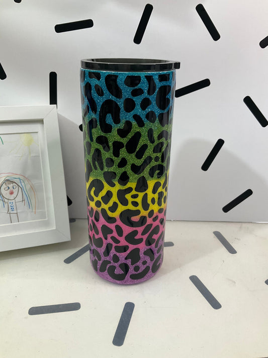 Leopard Glitter Rainbow Tumbler | Gifts | 30oz Fatty Tumbler Stainless Steel Cup w/ Straw | Leopard Design by Lina Loves Two, handmade in Los Angeles CA