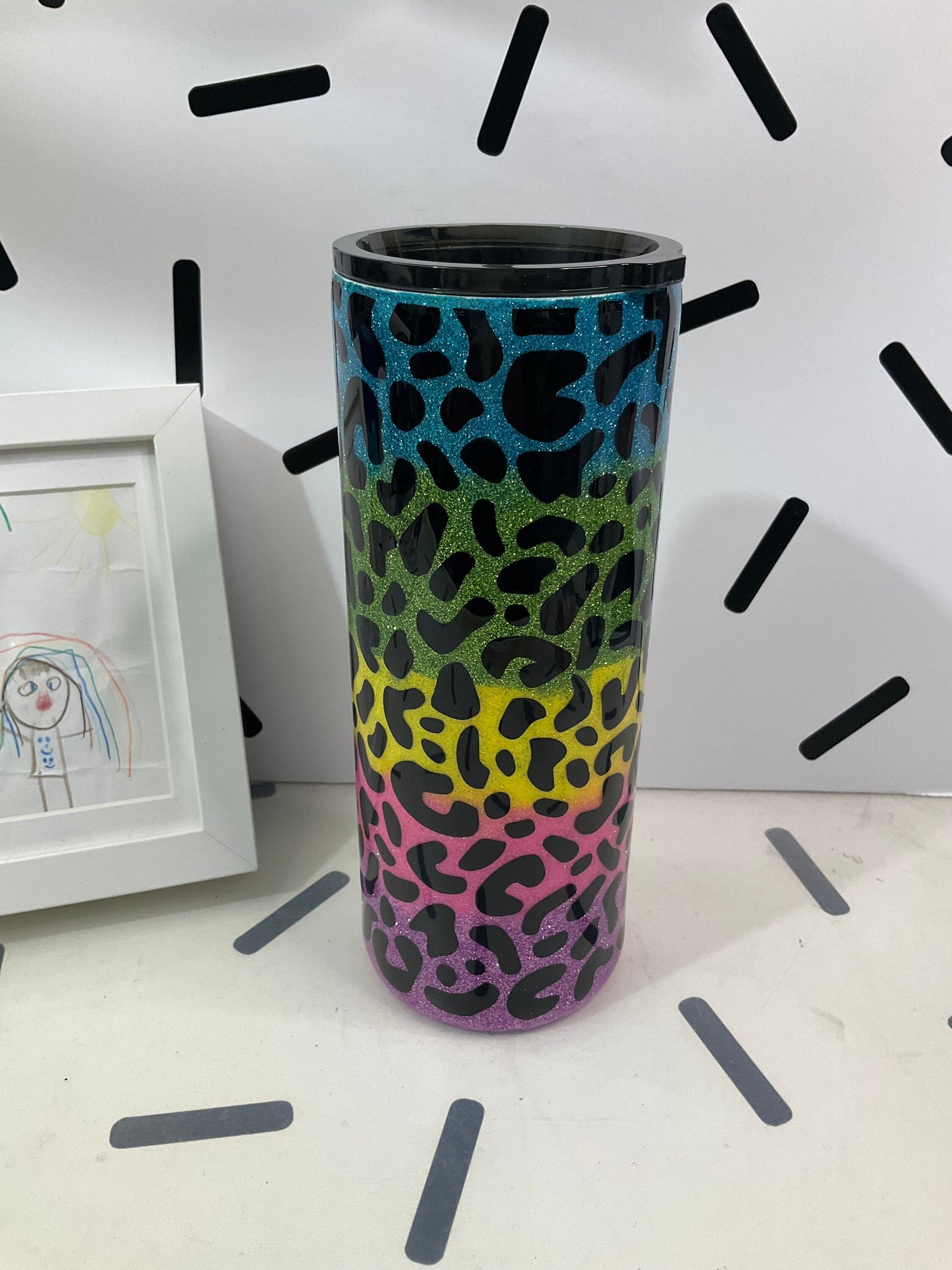 Leopard Glitter Rainbow Tumbler | Gifts | 30oz Fatty Tumbler Stainless Steel Cup w/ Straw | Leopard Design by Lina Loves Two, handmade in Los Angeles CA