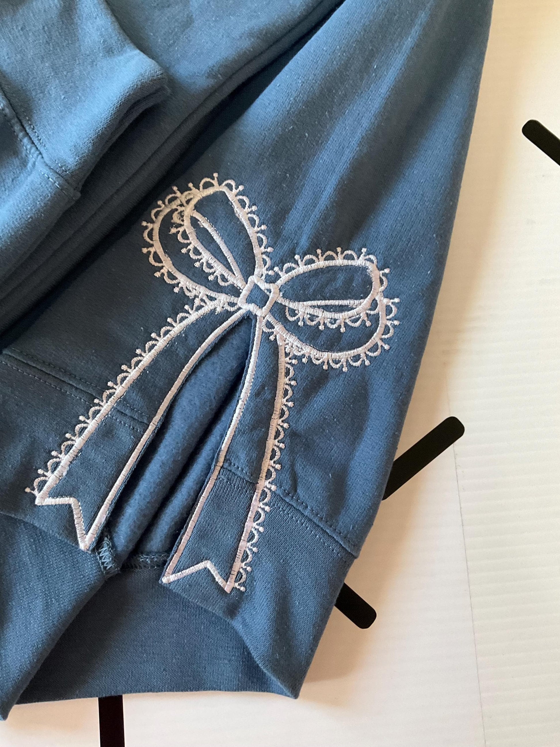 Embroidered Side Bow Sweatshirt: Classic Lace Design by Lina Loves Two, handmade in Los Angeles CA
