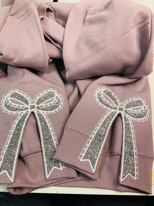 Embroidered Lace Glitter Bow Sweatshirt: Side Appliqué Design
