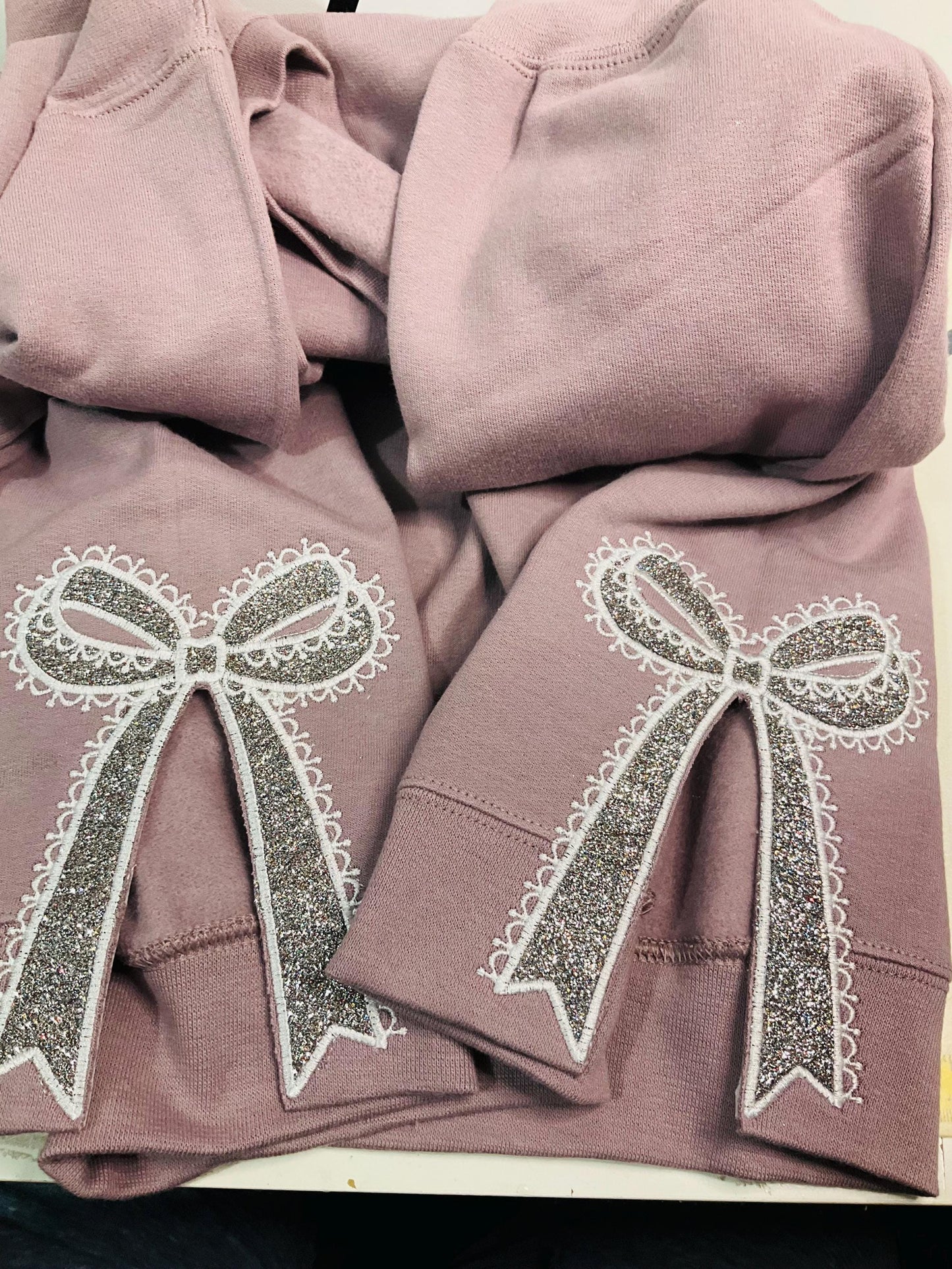 Embroidered Lace Glitter Bow Sweatshirt: Side Appliqué Design by Lina Loves Two, handmade in Los Angeles CA