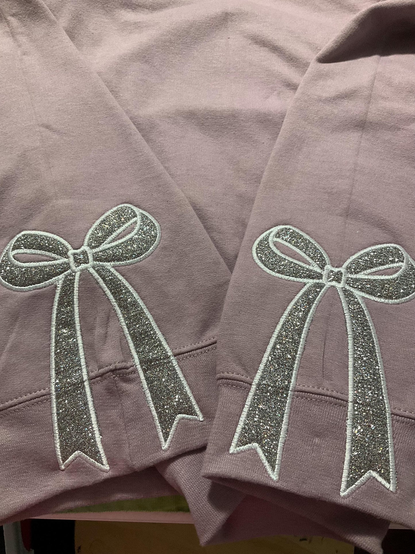 Embroidered Glitter Bow Sweatshirt: Side Appliqué Design by Lina Loves Two, handmade in Los Angeles CA