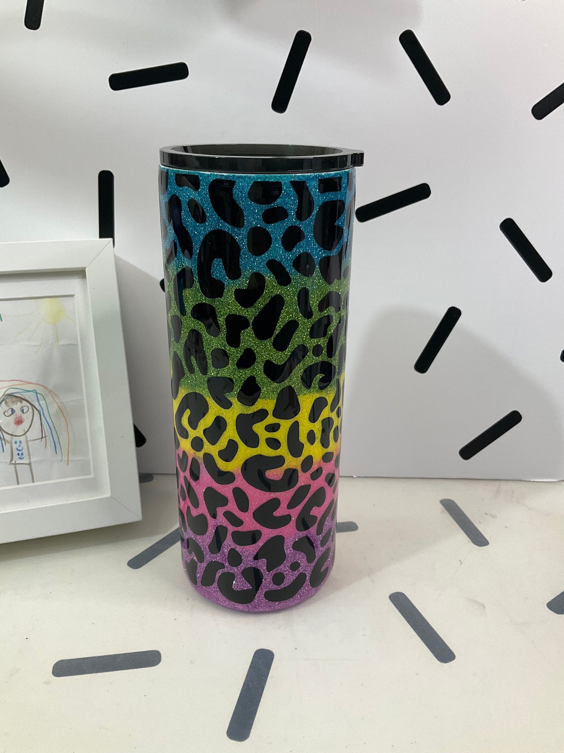 Leopard Glitter Rainbow Tumbler | Gifts | 30oz Fatty Tumbler Stainless Steel Cup w/ Straw | Leopard Design by Lina Loves Two, handmade in Los Angeles CA