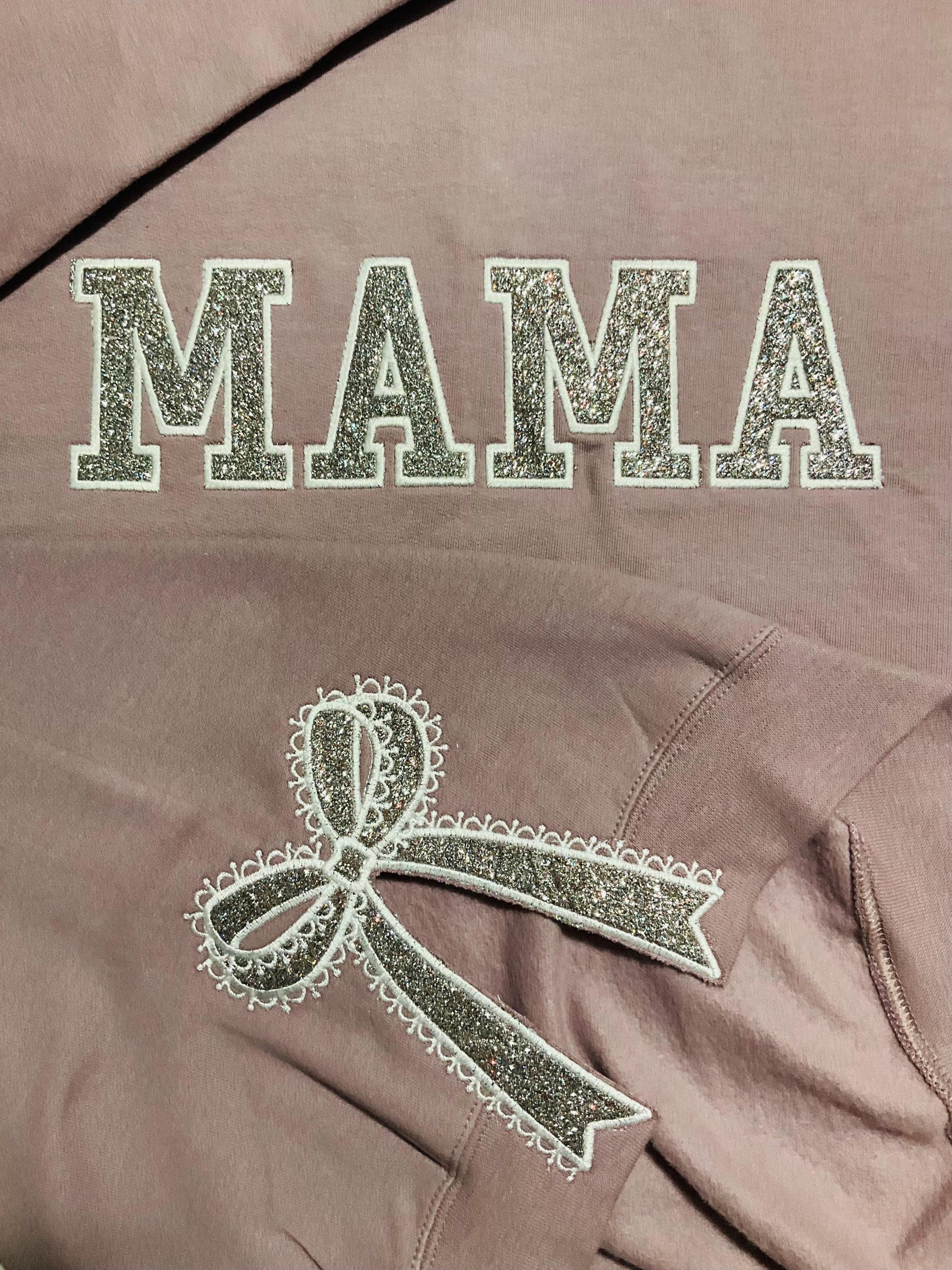 Embroidered Lace Side Bow Mama Appliqué Sweatshirt Design | Classic Lace Bow | Embroidered Bow Sweatshirt | Glitter Side Bow Sweatshirt