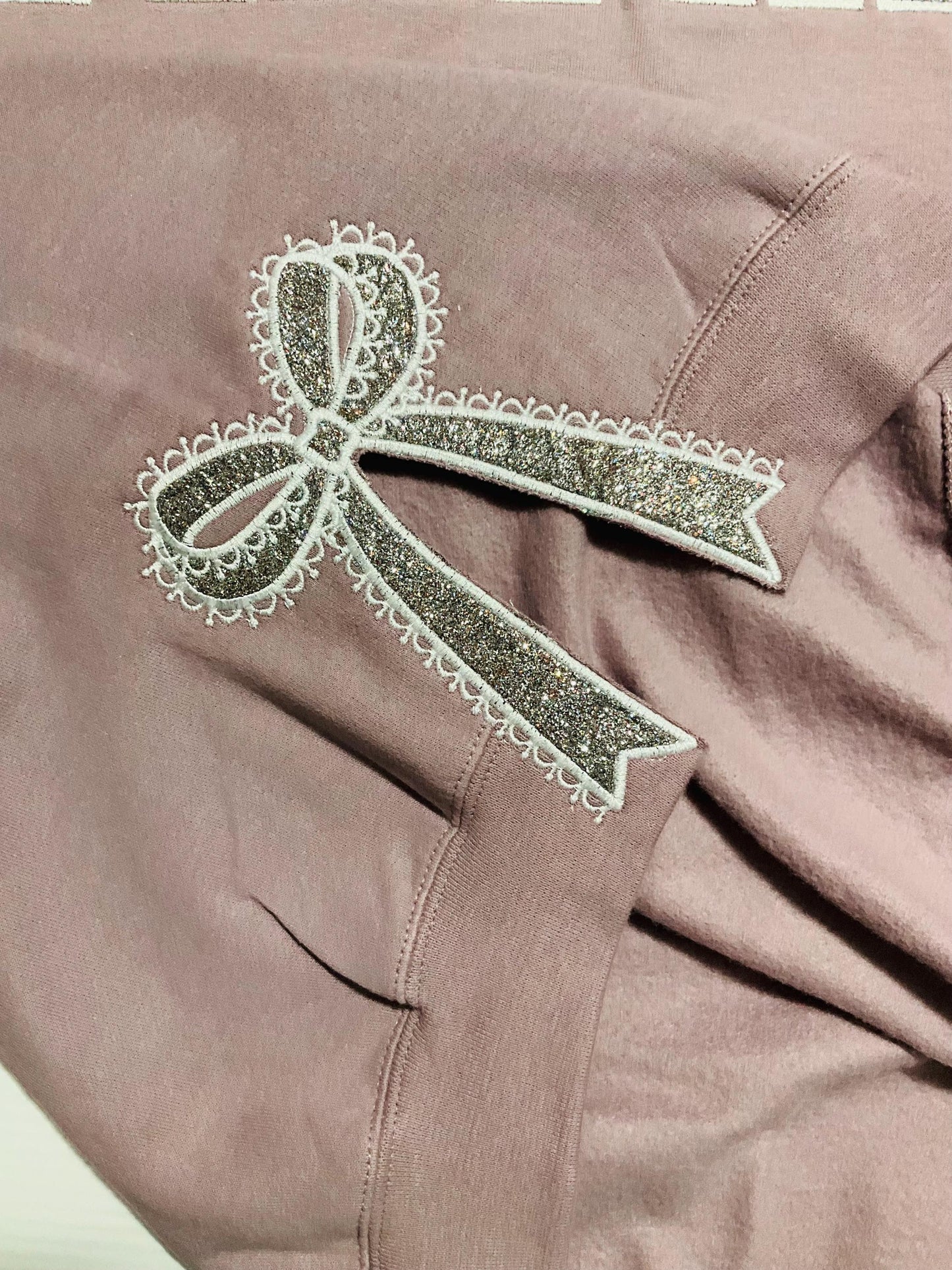 Embroidered Lace Side Bow Mama Appliqué Sweatshirt Design | Classic Lace Bow | Embroidered Bow Sweatshirt | Glitter Side Bow Sweatshirt by Lina Loves Two, handmade in Los Angeles CA
