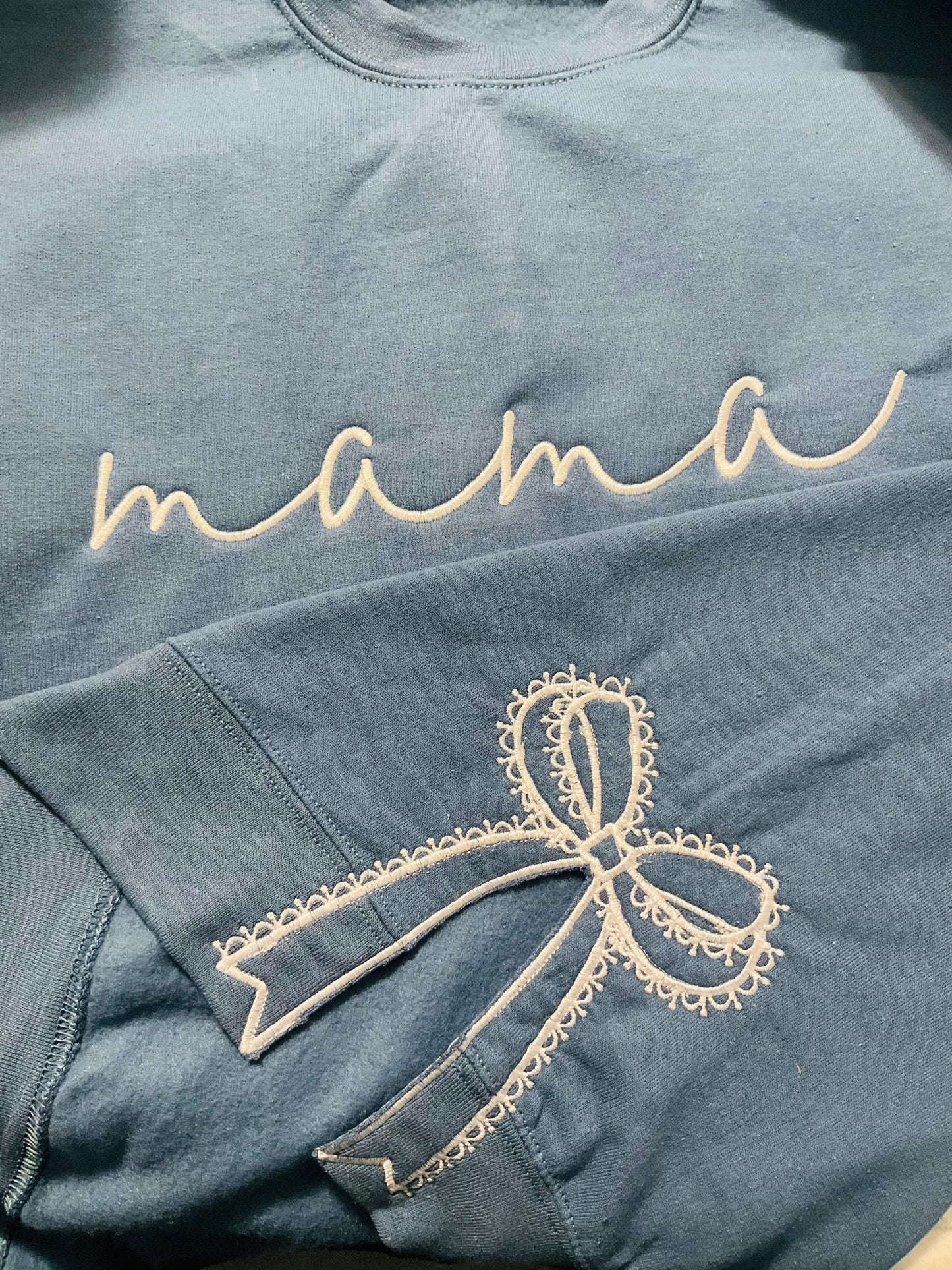 Embroidered Mama Sweatshirt: Classic Lace Side Bow Design by Lina Loves Two, handmade in Los Angeles CA