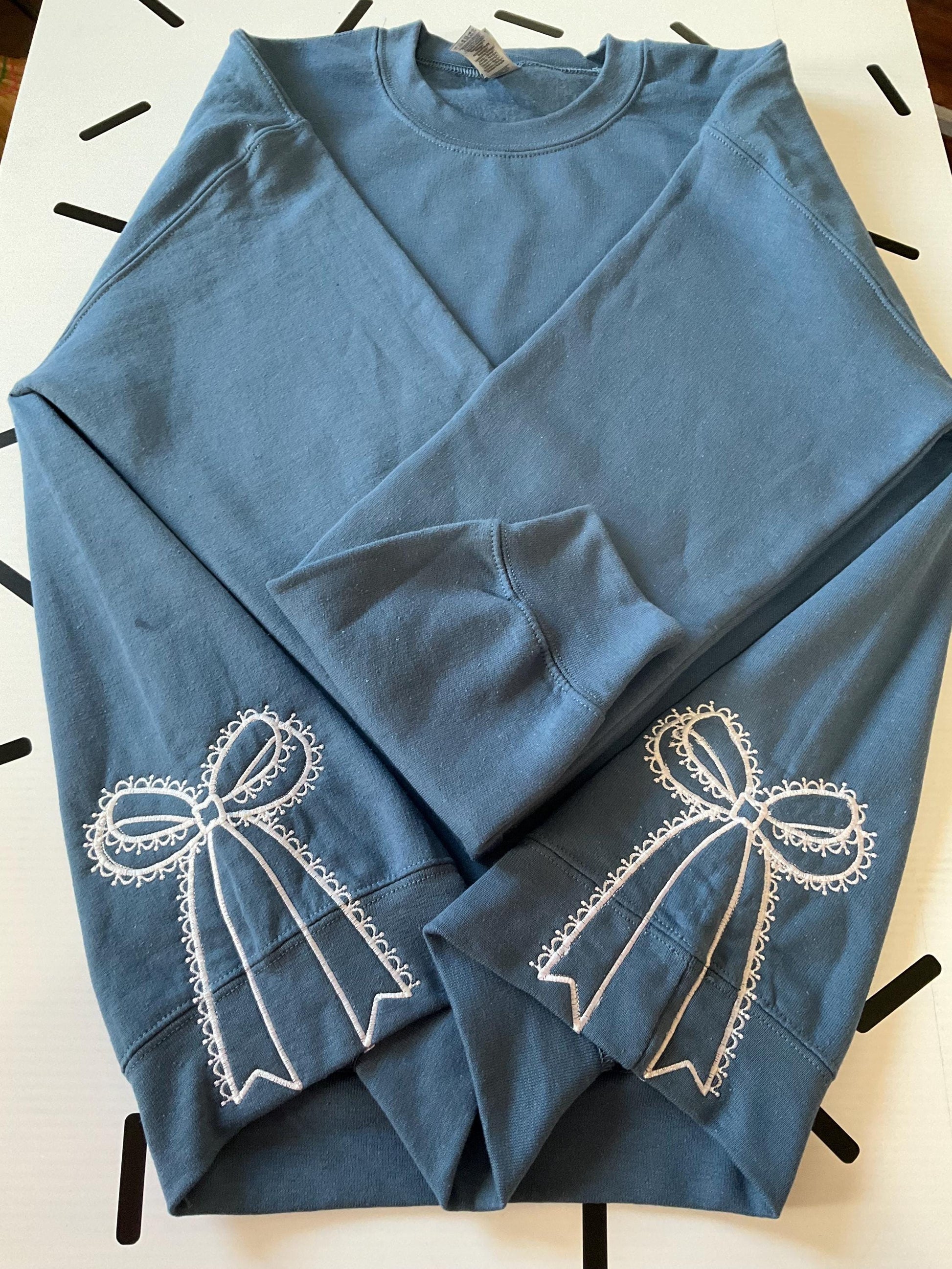 Embroidered Side Bow Sweatshirt: Classic Lace Design by Lina Loves Two, handmade in Los Angeles CA