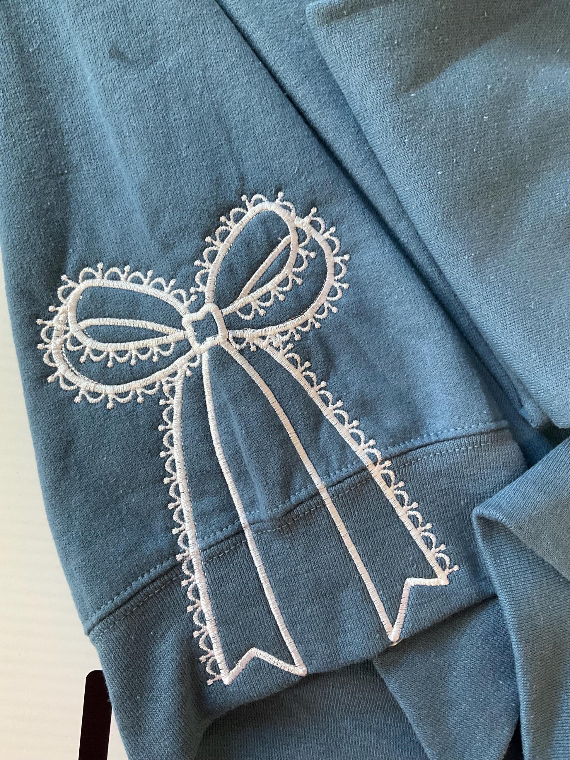 Embroidered Side Bow Sweatshirt: Classic Lace Design by Lina Loves Two, handmade in Los Angeles CA