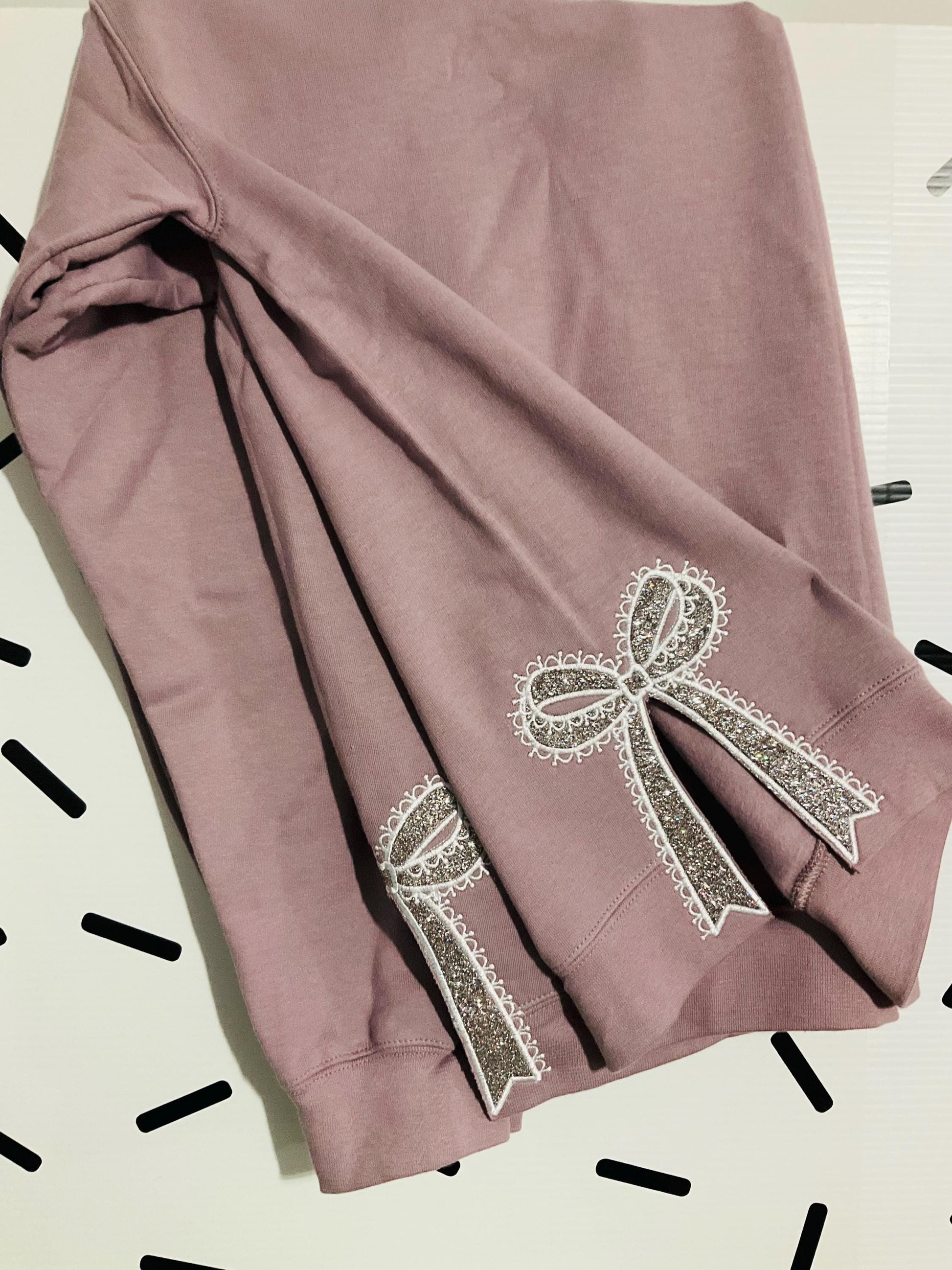 Embroidered Lace Glitter Bow Sweatshirt: Side Appliqué Design