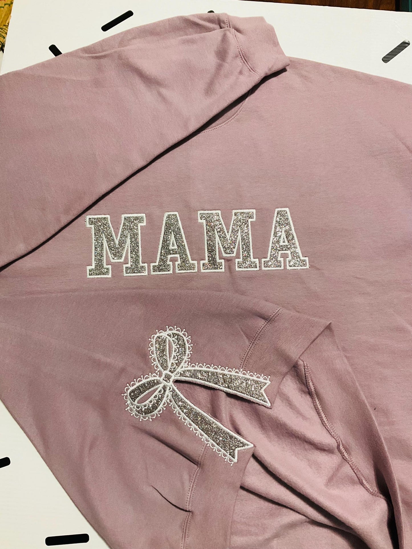 Embroidered Lace Side Bow Mama Appliqué Sweatshirt Design | Classic Lace Bow | Embroidered Bow Sweatshirt | Glitter Side Bow Sweatshirt
