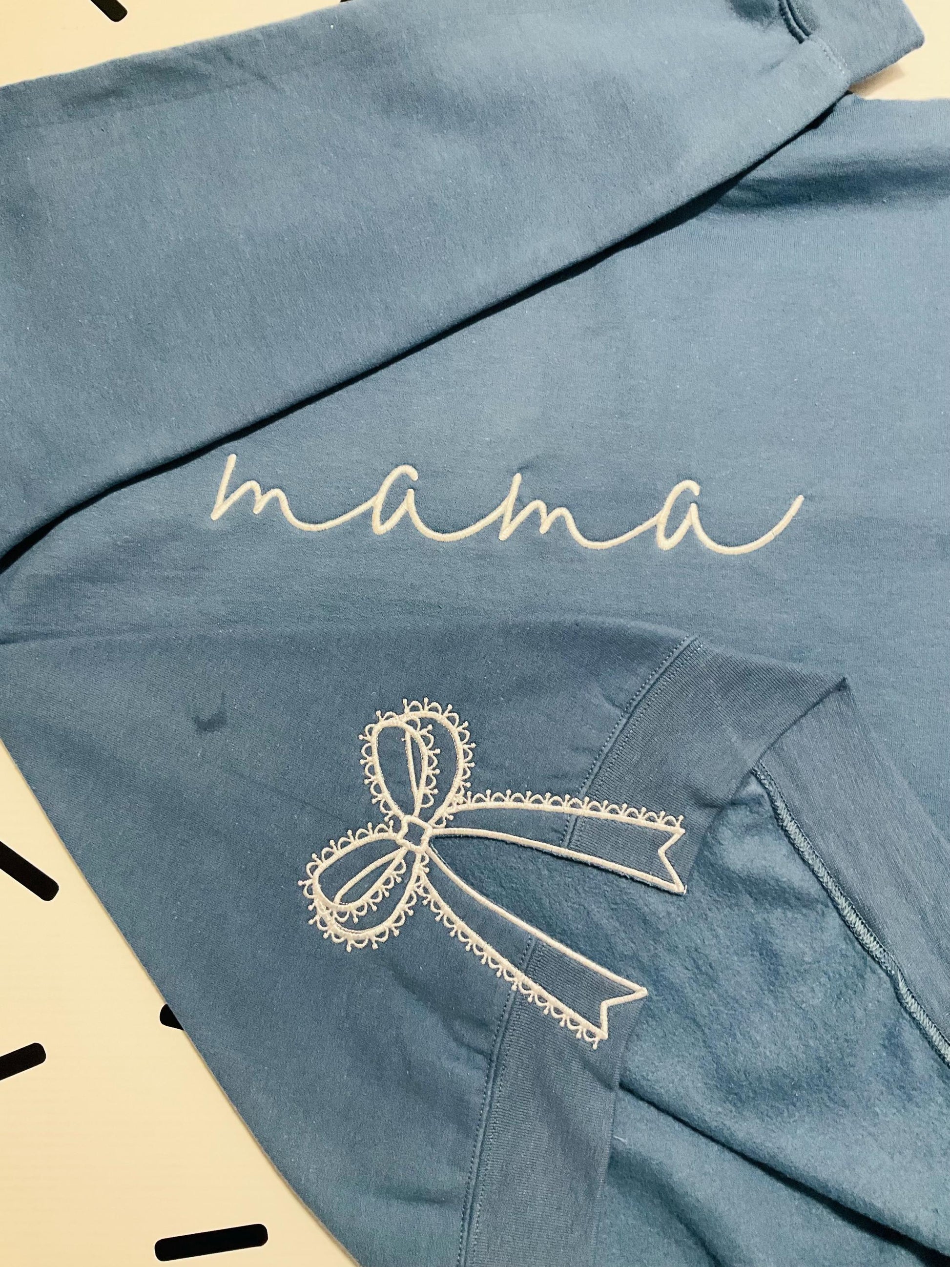 Embroidered Mama Sweatshirt: Classic Lace Side Bow Design by Lina Loves Two, handmade in Los Angeles CA