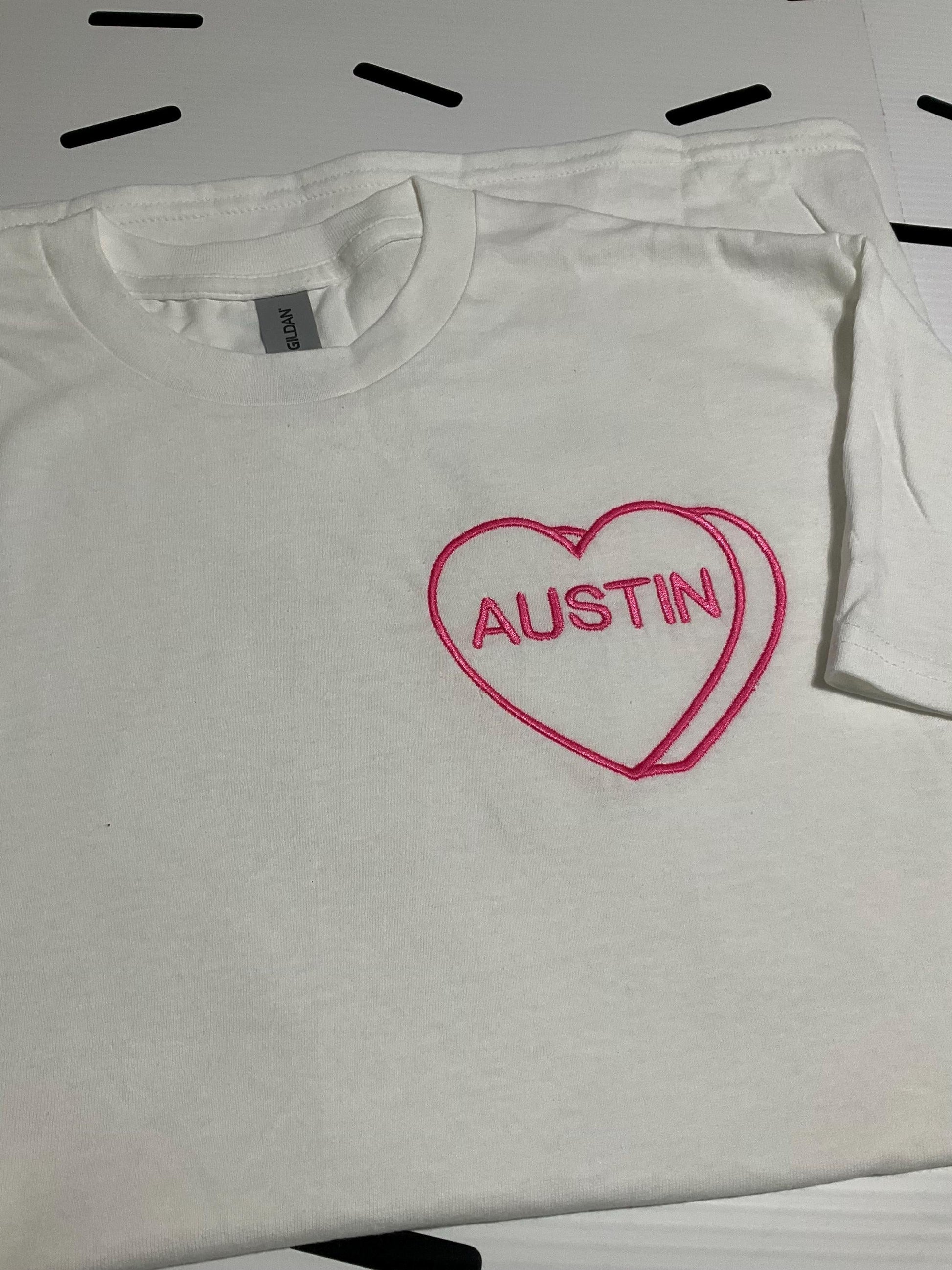 Custom Embroidered Valentine T-Shirt | Personalized Candy Hearts | Valentine Gift | Children's Gift | Couples Gift | Personalized Gift by Lina Loves Two, handmade in Los Angeles CA