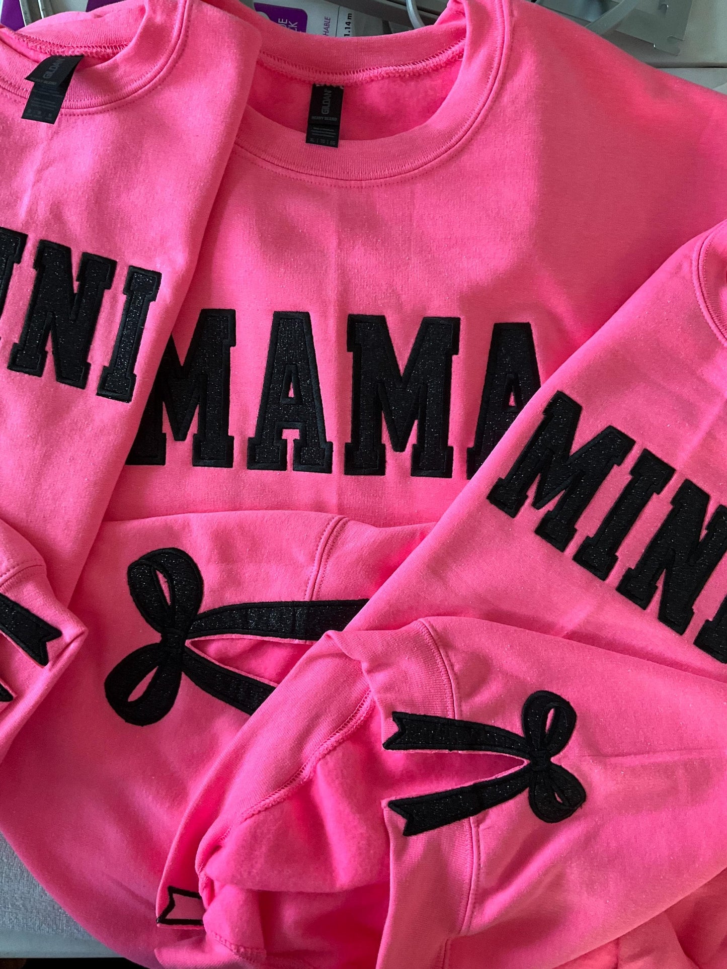 Embroidered Glitter Bow Mama and Mini Sweatshirt Set by Lina Loves Two, handmade in Los Angeles CA