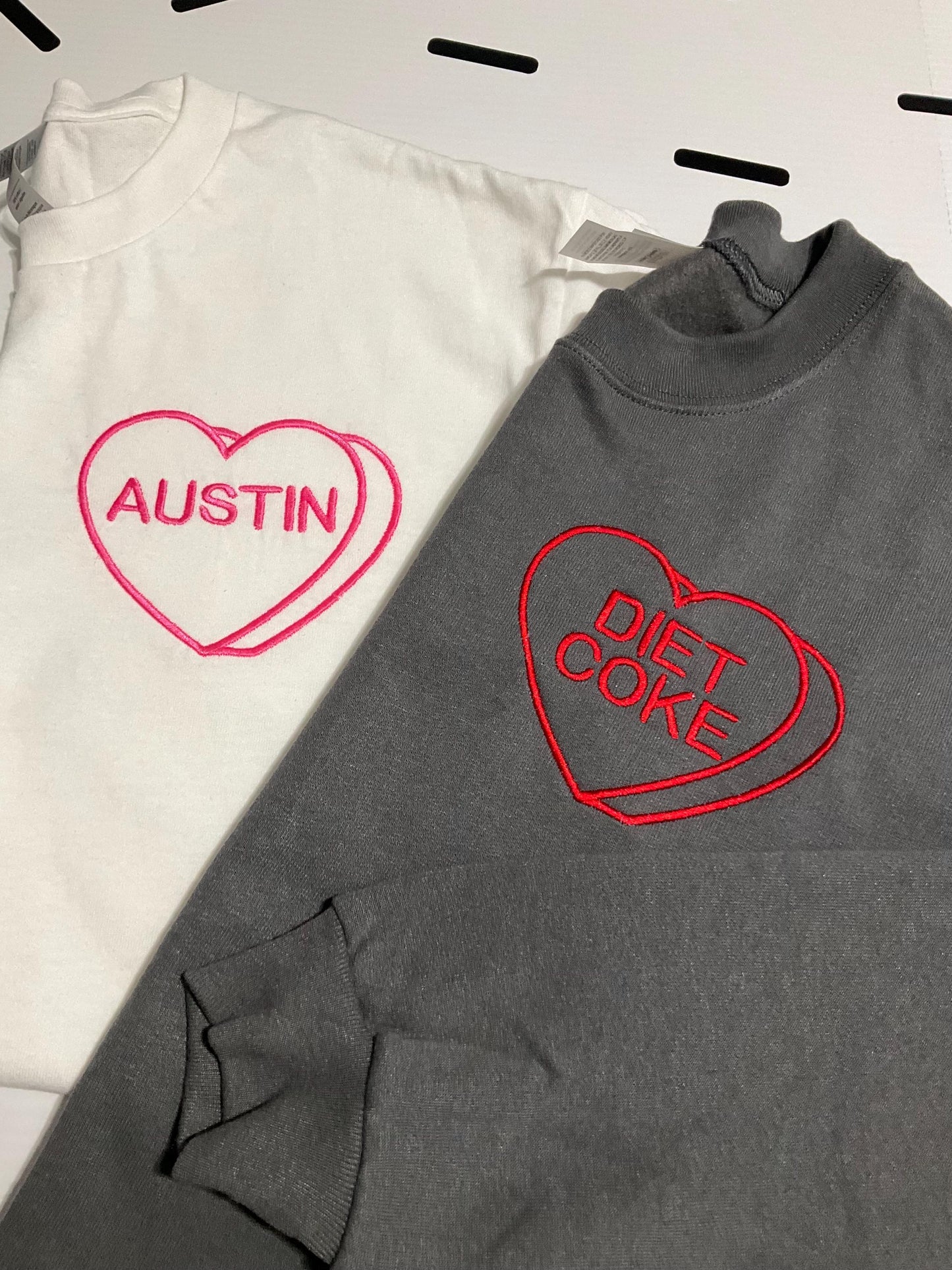 Custom Embroidered Candy Heart Sweatshirt: Personalized Valentine Gift by Lina Loves Two, handmade in Los Angeles CA