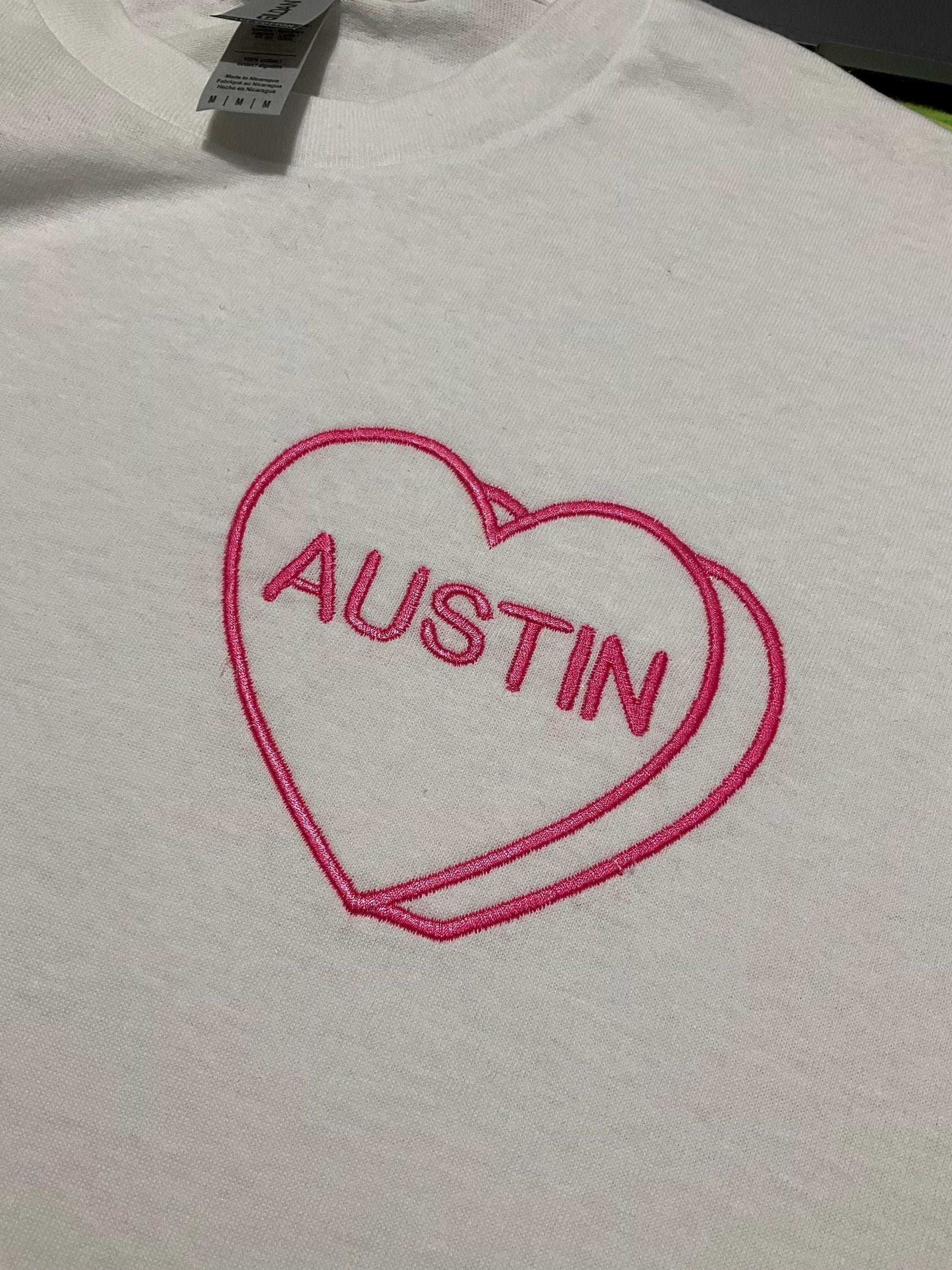 Custom Embroidered Candy Heart Sweatshirt: Personalized Valentine Gift