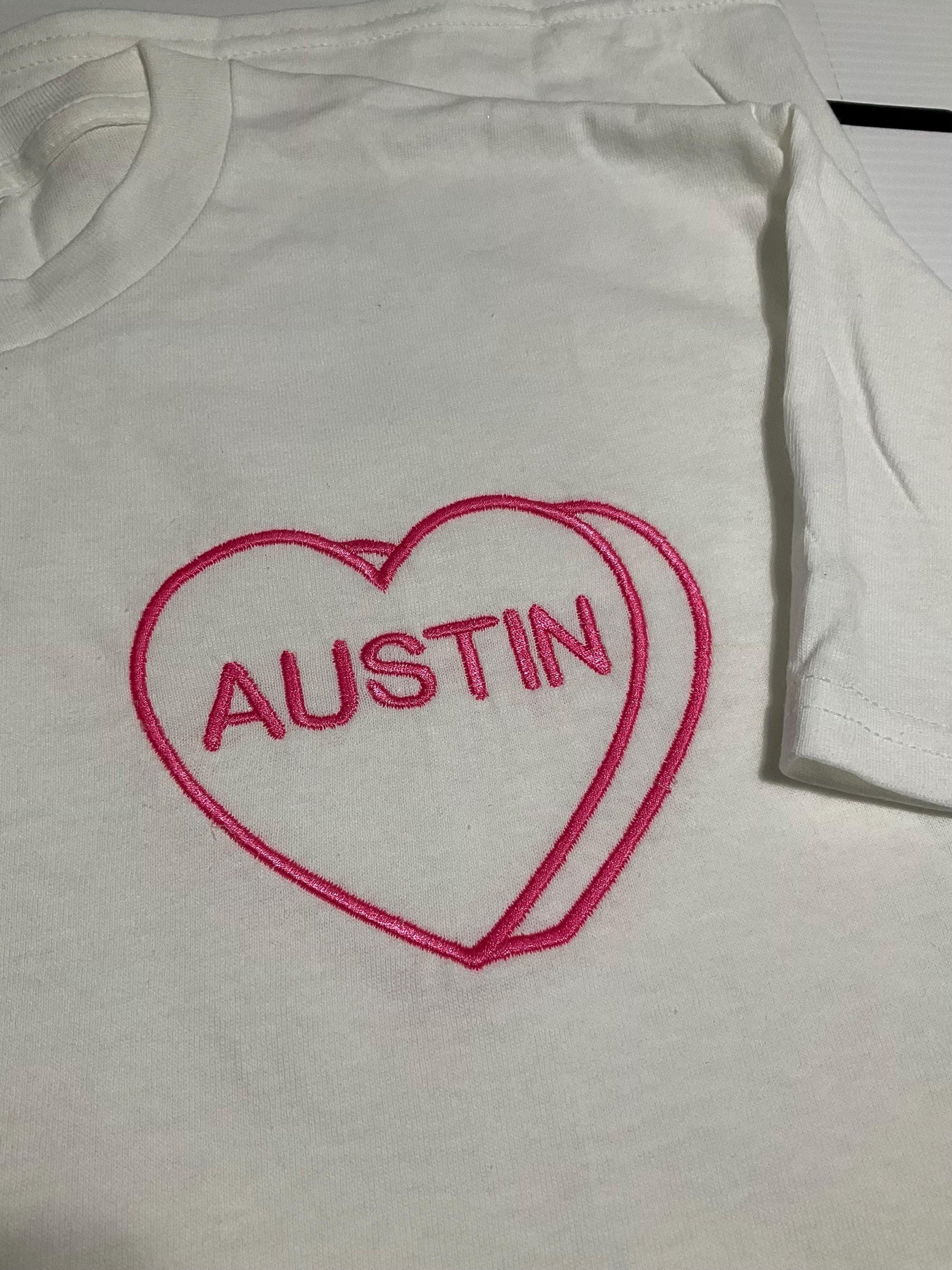 Custom Embroidered Valentine T-Shirt | Personalized Candy Hearts | Valentine Gift | Children's Gift | Couples Gift | Personalized Gift by Lina Loves Two, handmade in Los Angeles CA
