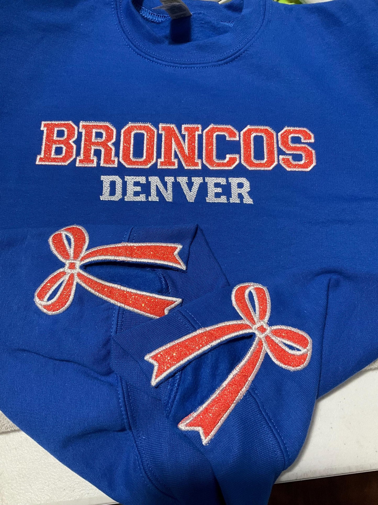 Custom Personalized Embroidered Glitter Bow Sweatshirt | Football | Basketball | Hockey | Baseball | Softball | Soccer | Team Sweatshirt