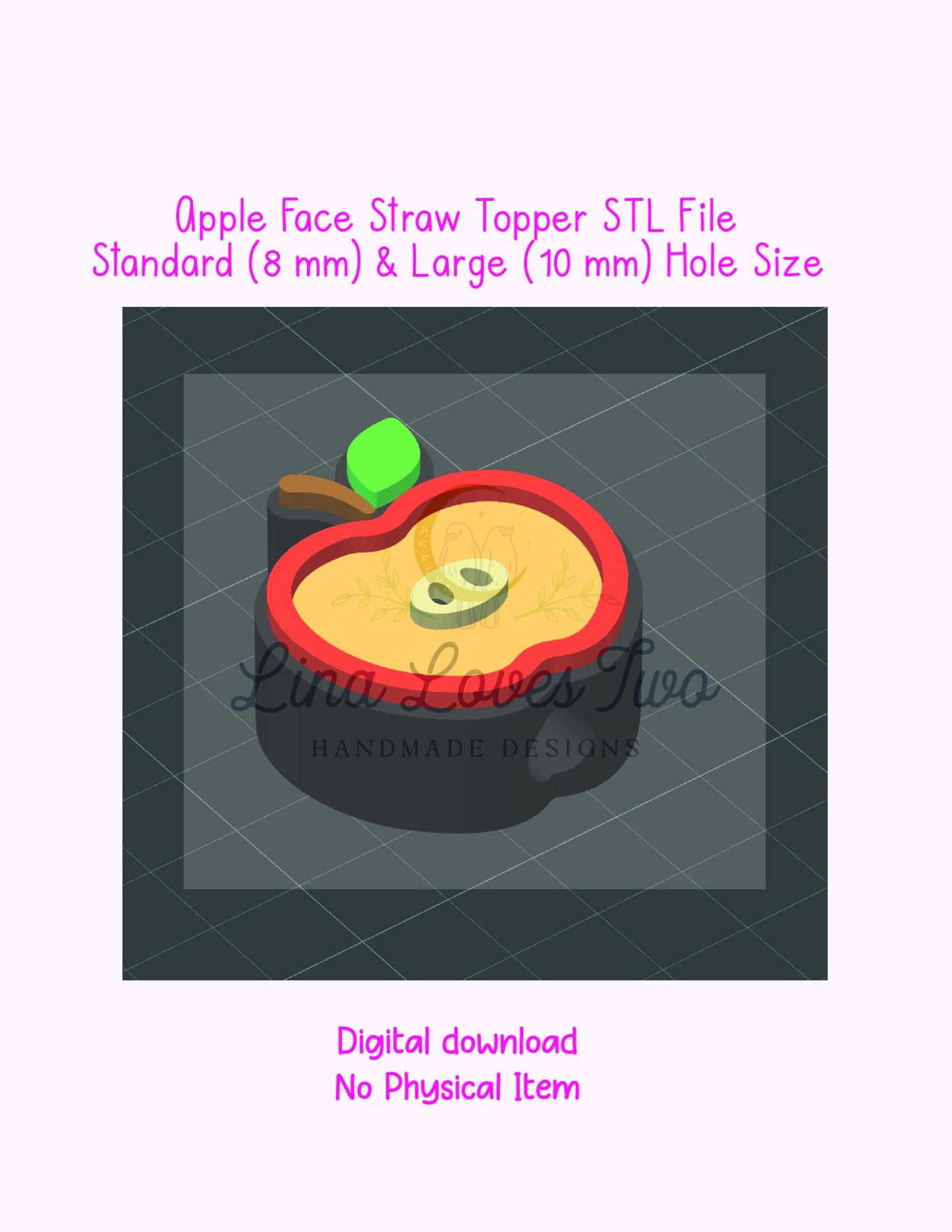 3D Apple Face Straw Topper STL File | 3D Print Straw Topper Digital Download | Apple Face Straw Topper | Apple Face Topper