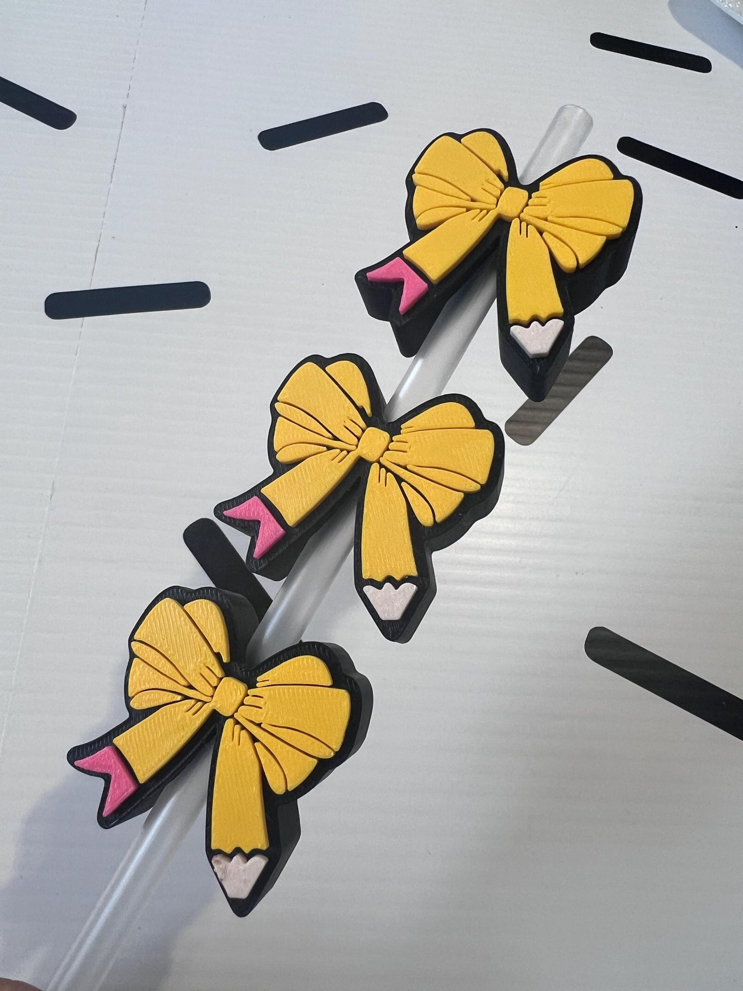 Pencil Bow Straw Topper | Teacher Gift Cup Accessory | Back to School Tumbler Charm | Cute Classroom Straw Decor | Reusable Drink Topper