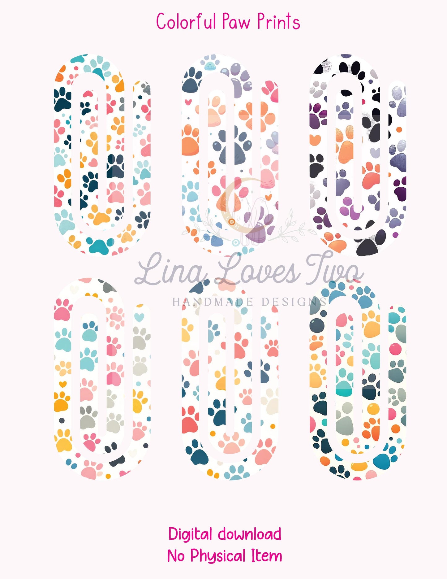 Colorful Paw Prints Jumbo Paperclip PNG: Sublimation Clipart (Digital Download)