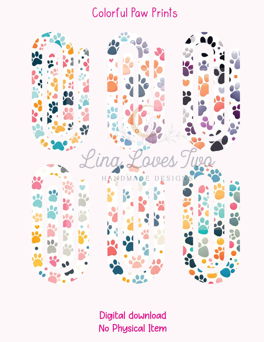 Colorful Paw Prints Jumbo Paperclip PNG: Sublimation Clipart (Digital Download)