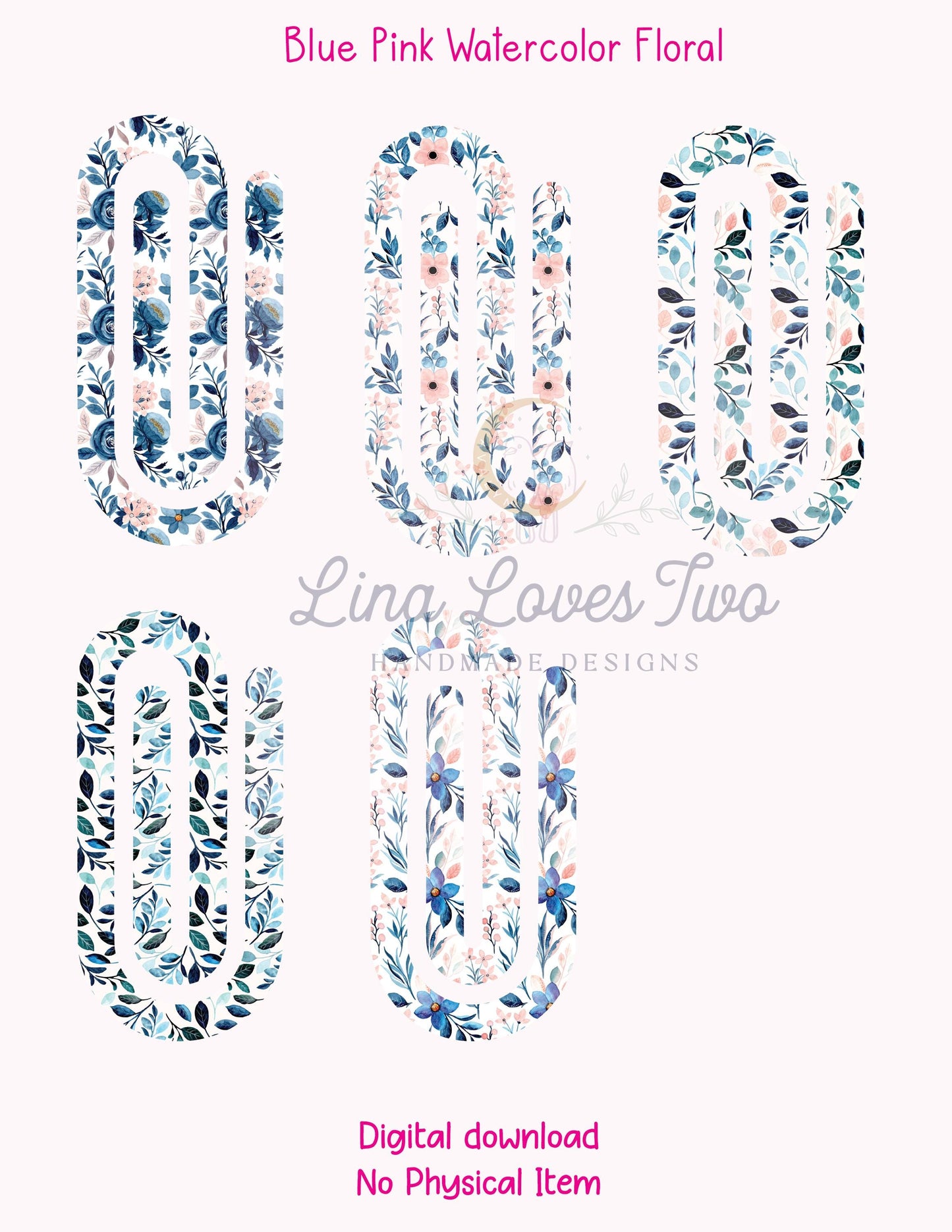 Floral Paperclip PNG: Blue & Pink Watercolor Design (Digital Download)