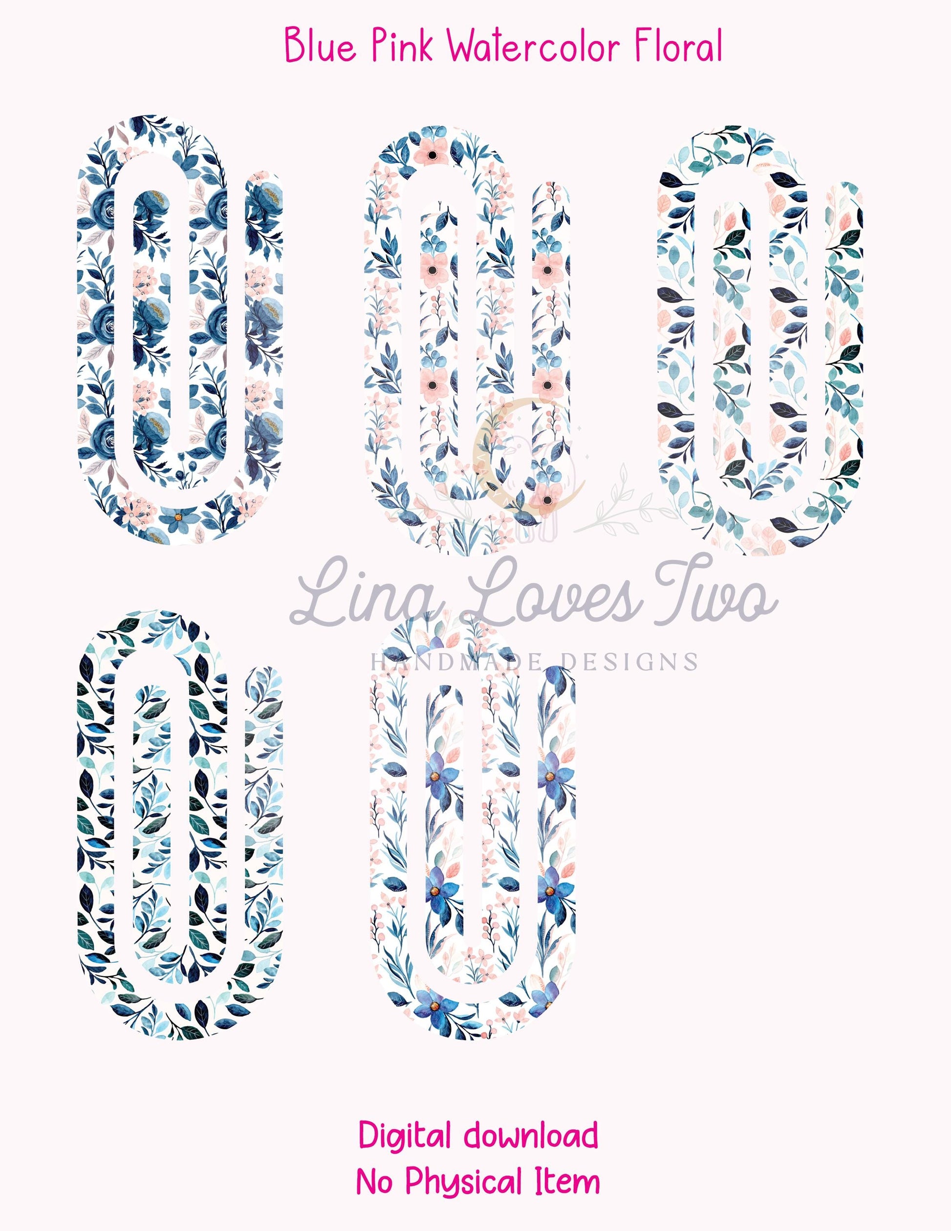 Floral Paperclip PNG: Blue & Pink Watercolor Design (Digital Download)