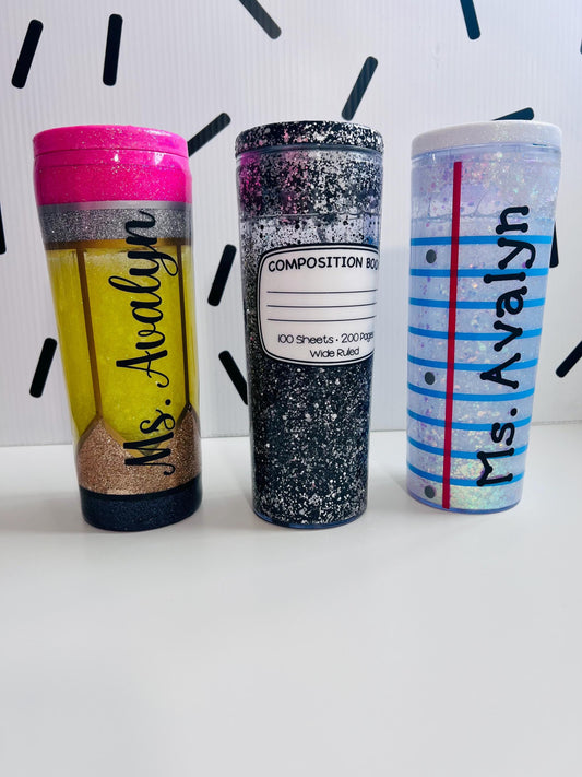 Glitter Snow Globe Teacher Tumbler 18 oz: Pencil, Lined Paper, Composition Notebook by Lina Loves Two, handmade in Los Angeles CA