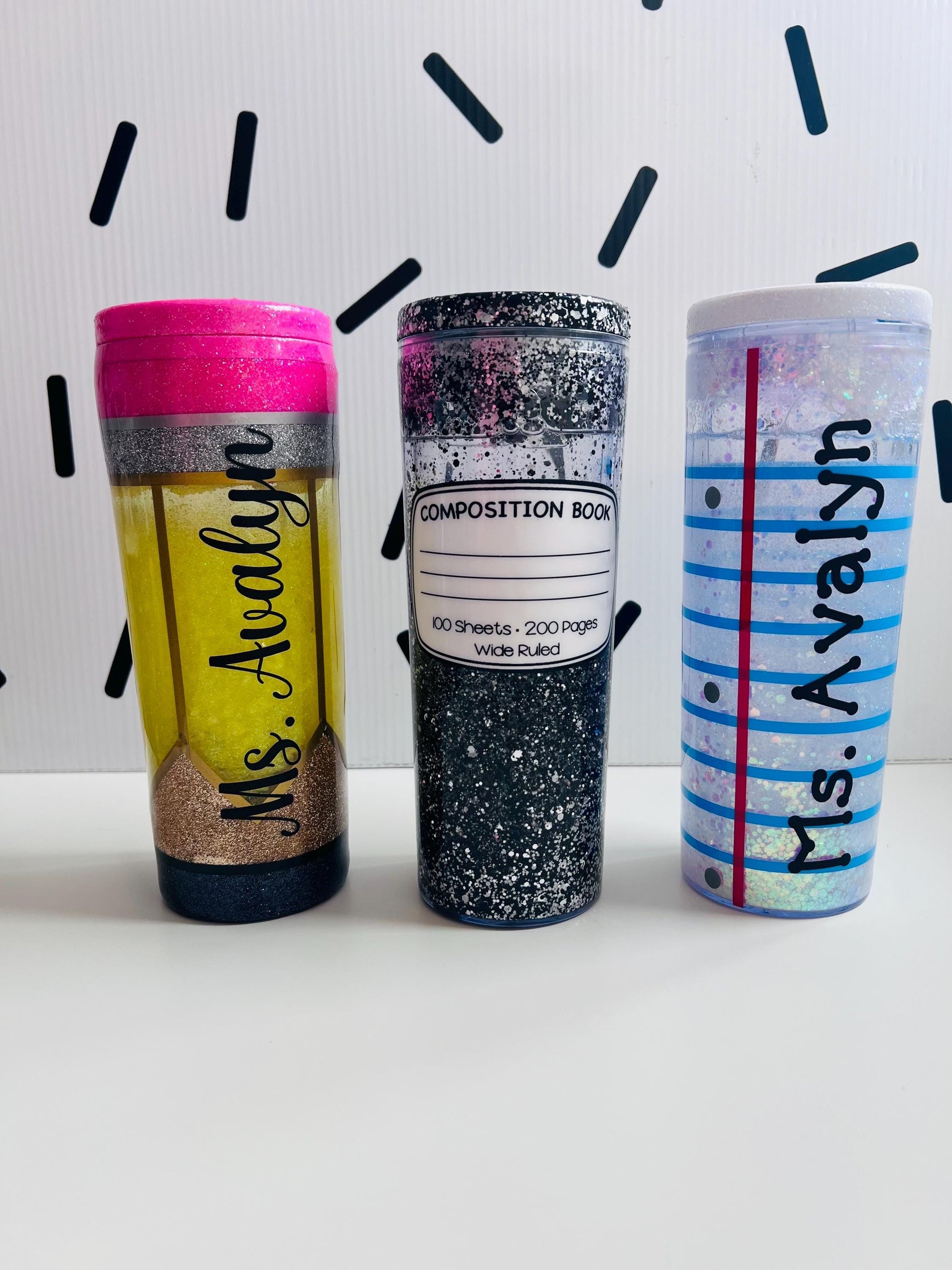 Glitter Snow Globe Teacher Tumbler 18 oz: Pencil, Lined Paper, Composition Notebook