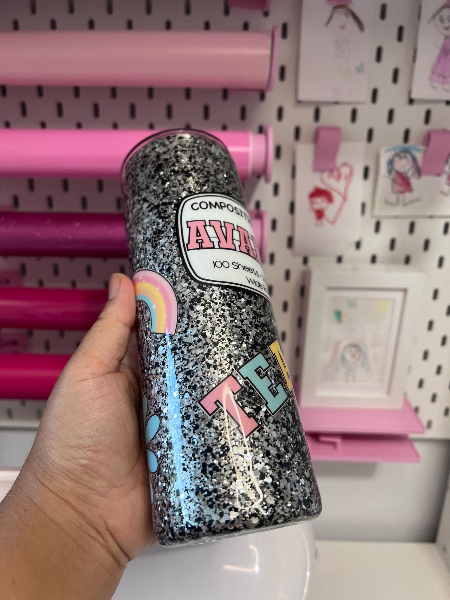 20oz Stainless Steel Glitter Composition Doodle Custom Tumbler with Straw Topper – Personalized Teacher Gift
