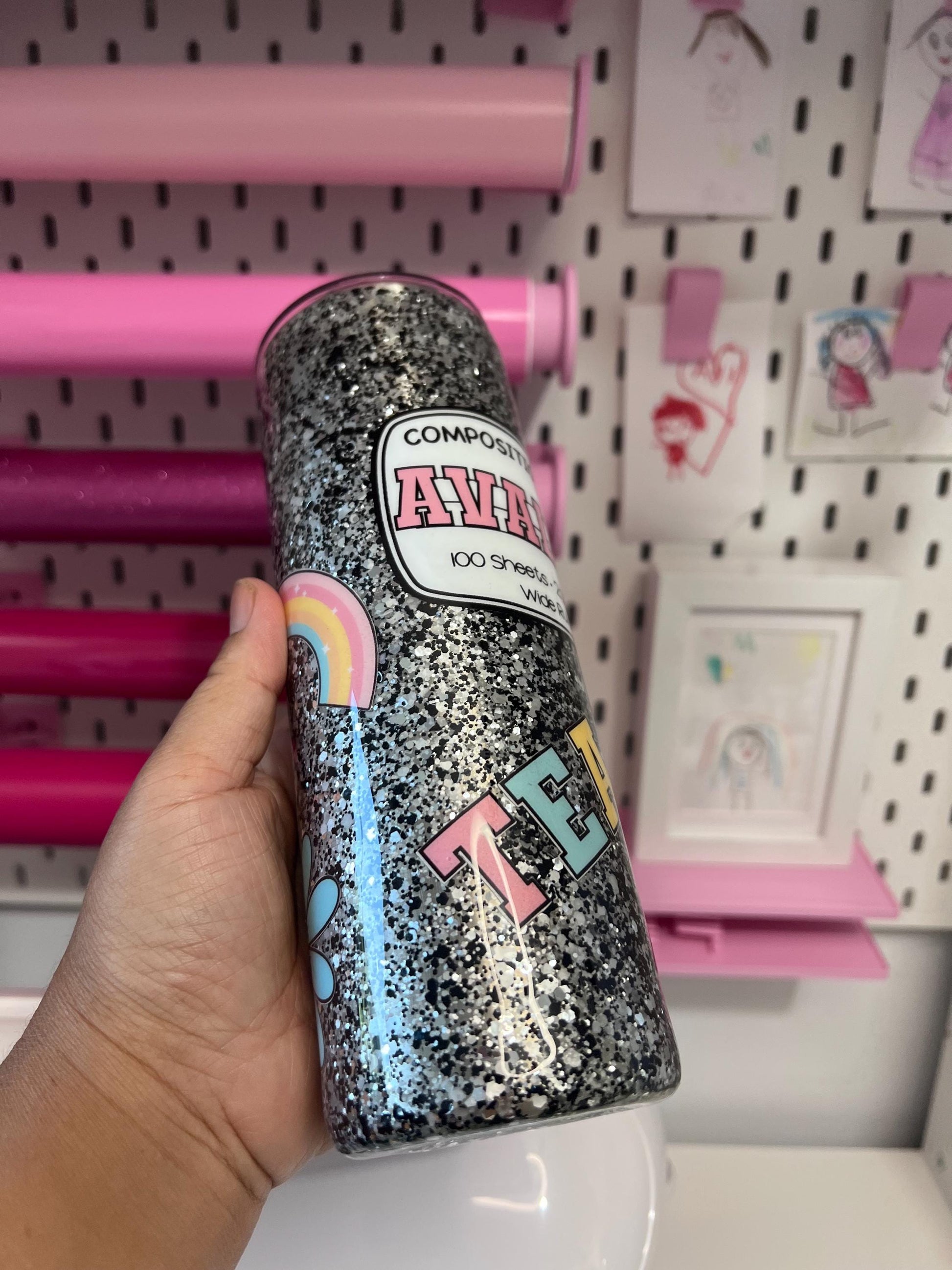 20oz Stainless Steel Glitter Composition Doodle Custom Tumbler with Straw Topper – Personalized Teacher Gift