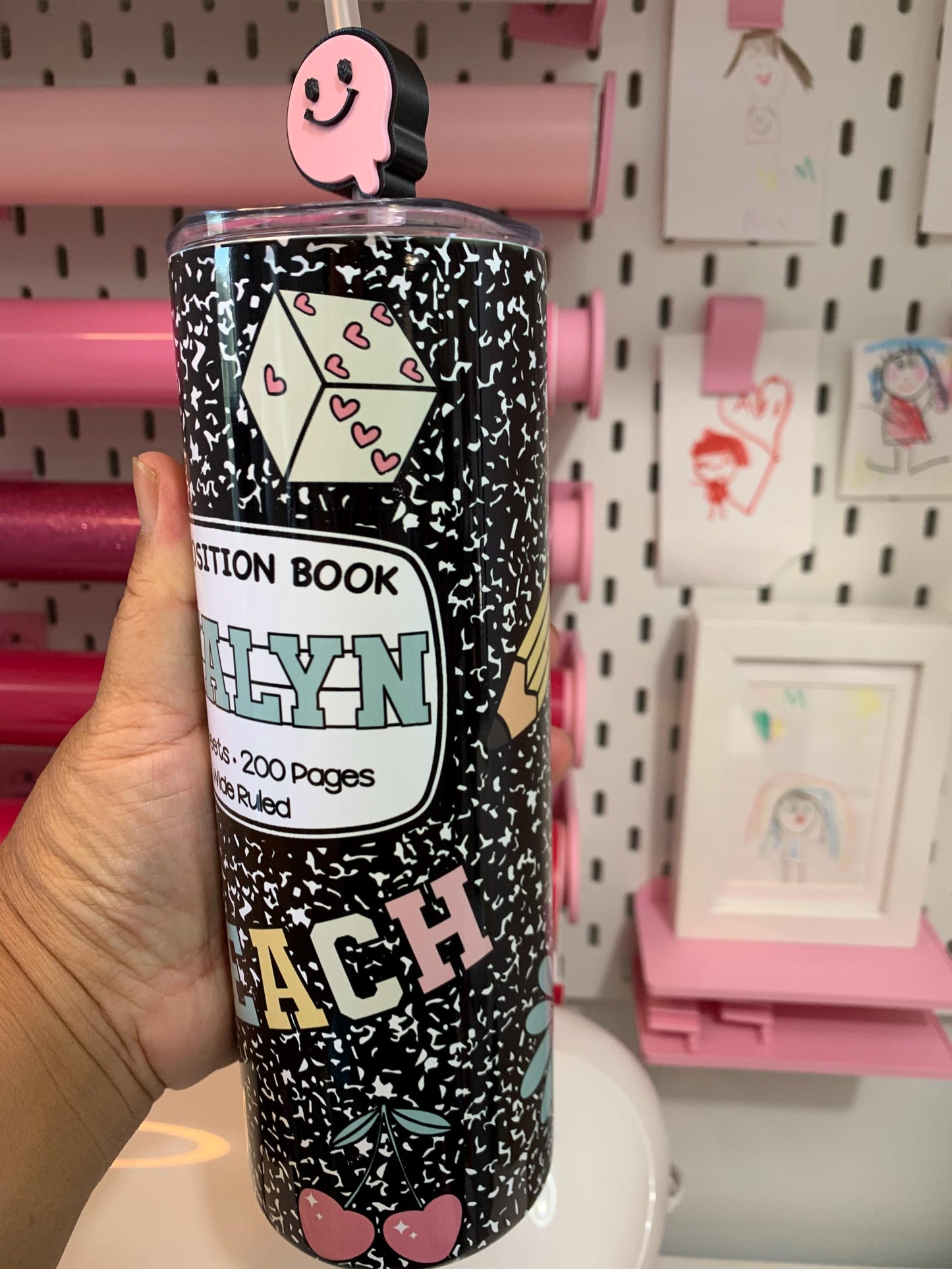 20oz Stainless Steel Composition Doodle Custom Tumbler with Straw Topper – Personalized Teacher Gift