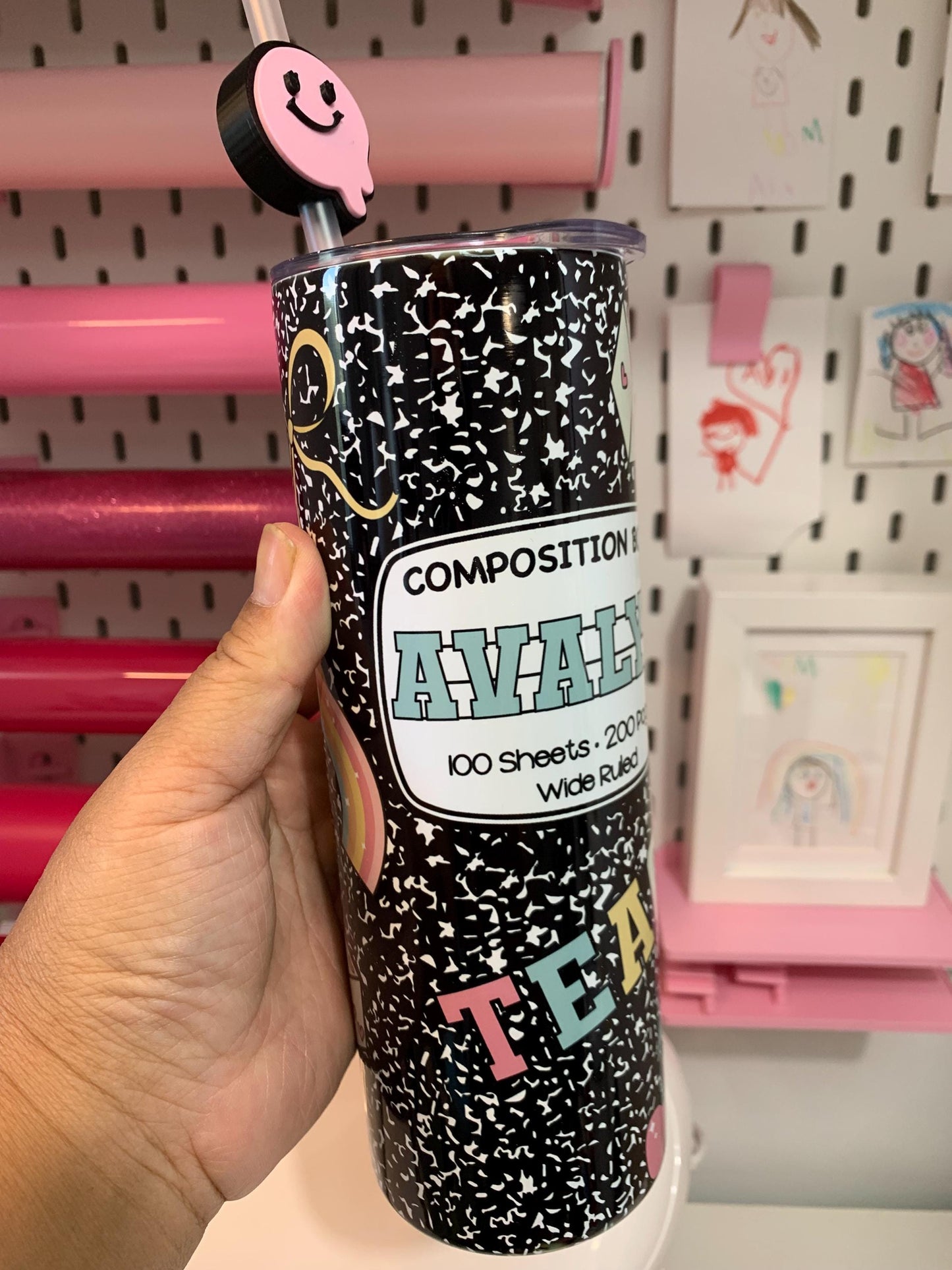 20oz Stainless Steel Composition Doodle Custom Tumbler with Straw Topper – Personalized Teacher Gift