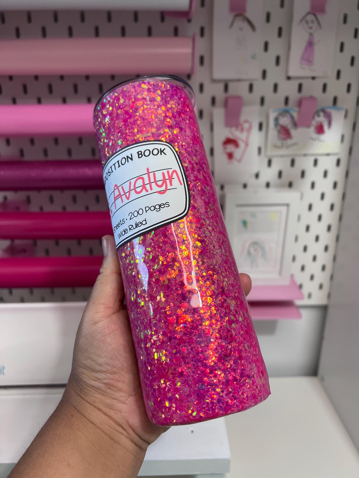 20oz Stainless Steel Glitter Pink Composition Notebook Custom Tumbler – Personalized Teacher or Student Gift