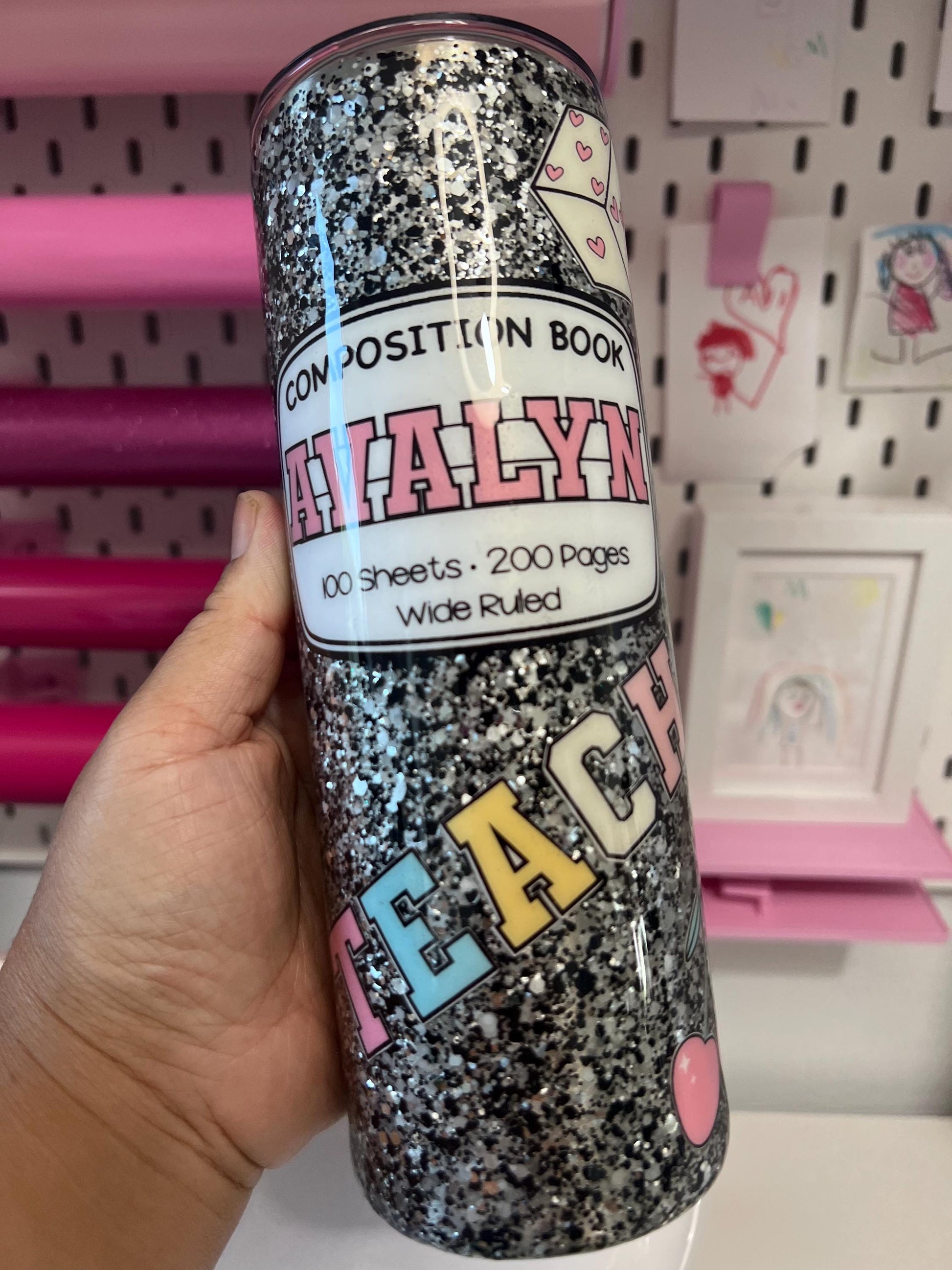 20oz Stainless Steel Glitter Composition Doodle Custom Tumbler with Straw Topper – Personalized Teacher Gift