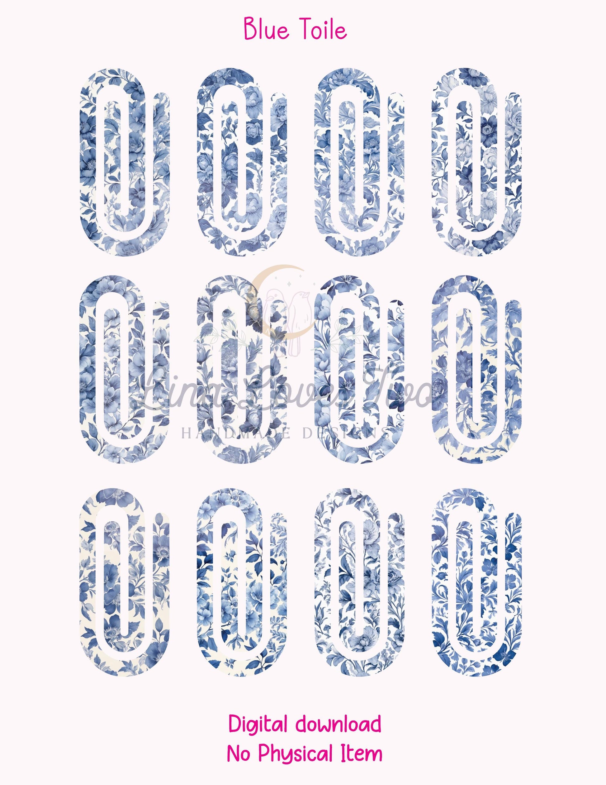 Blue French Toile Theme Jumbo Paperclip PNG for Sublimation – Instant Digital Download