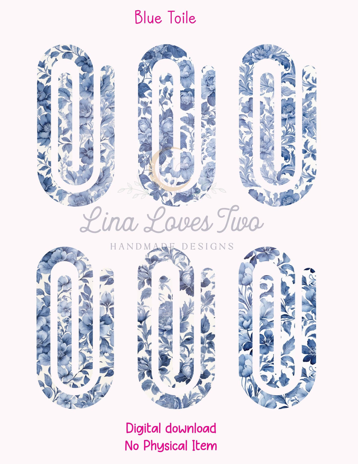 Blue French Toile Theme Jumbo Paperclip PNG for Sublimation – Instant Digital Download
