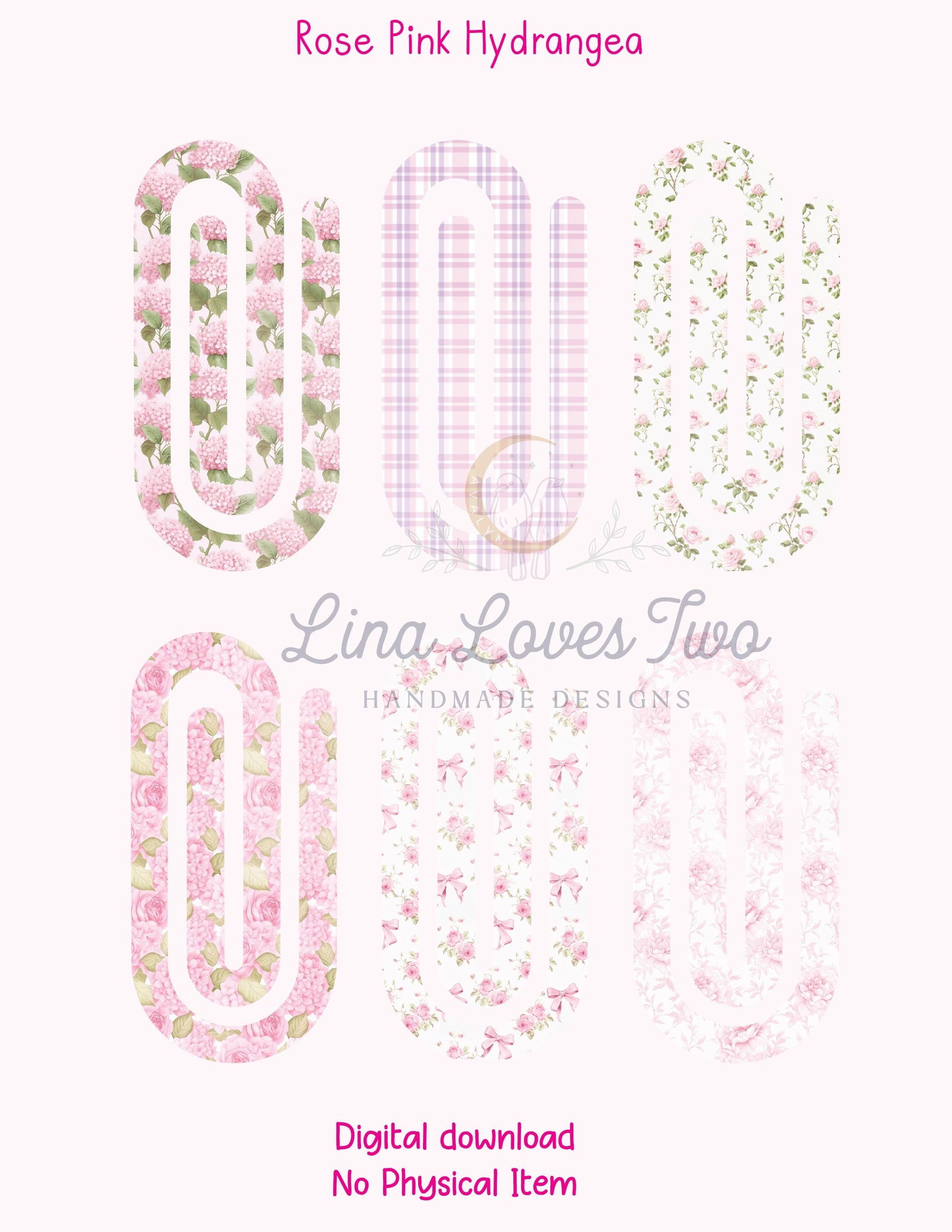Rose Pink Hydrangea Theme Jumbo Paperclip PNG for Sublimation – Instant Digital Download