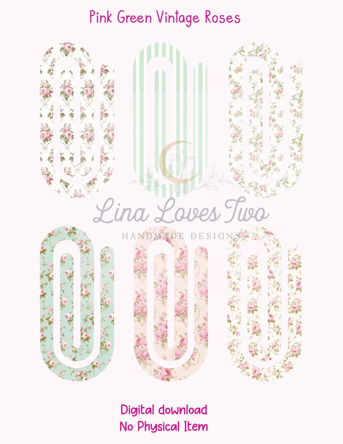 Pink & Green Vintage Roses Theme Jumbo Paperclip PNG for Sublimation – Instant Digital Download