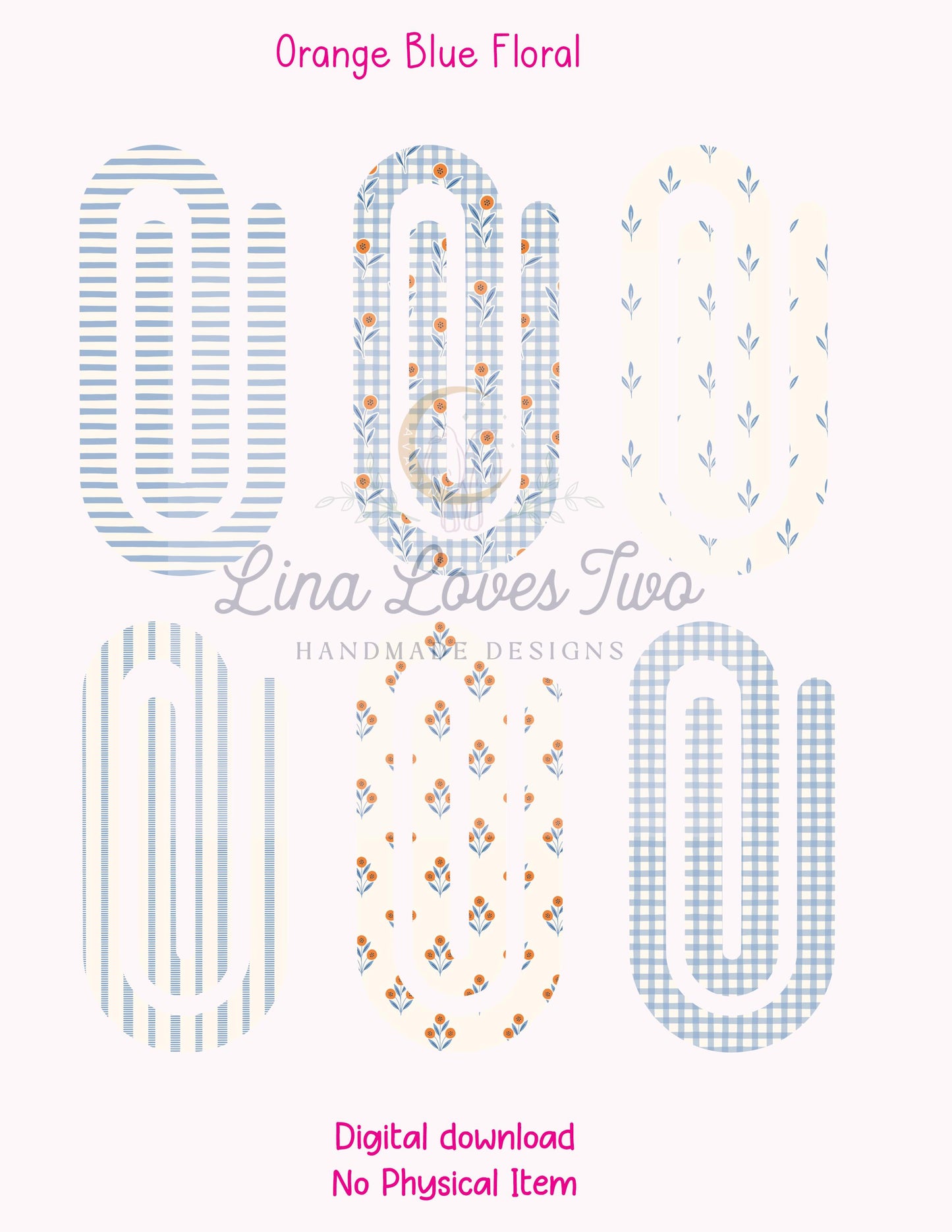 Orange & Blue Floral Theme Jumbo Paperclip PNG for Sublimation – Instant Digital Download