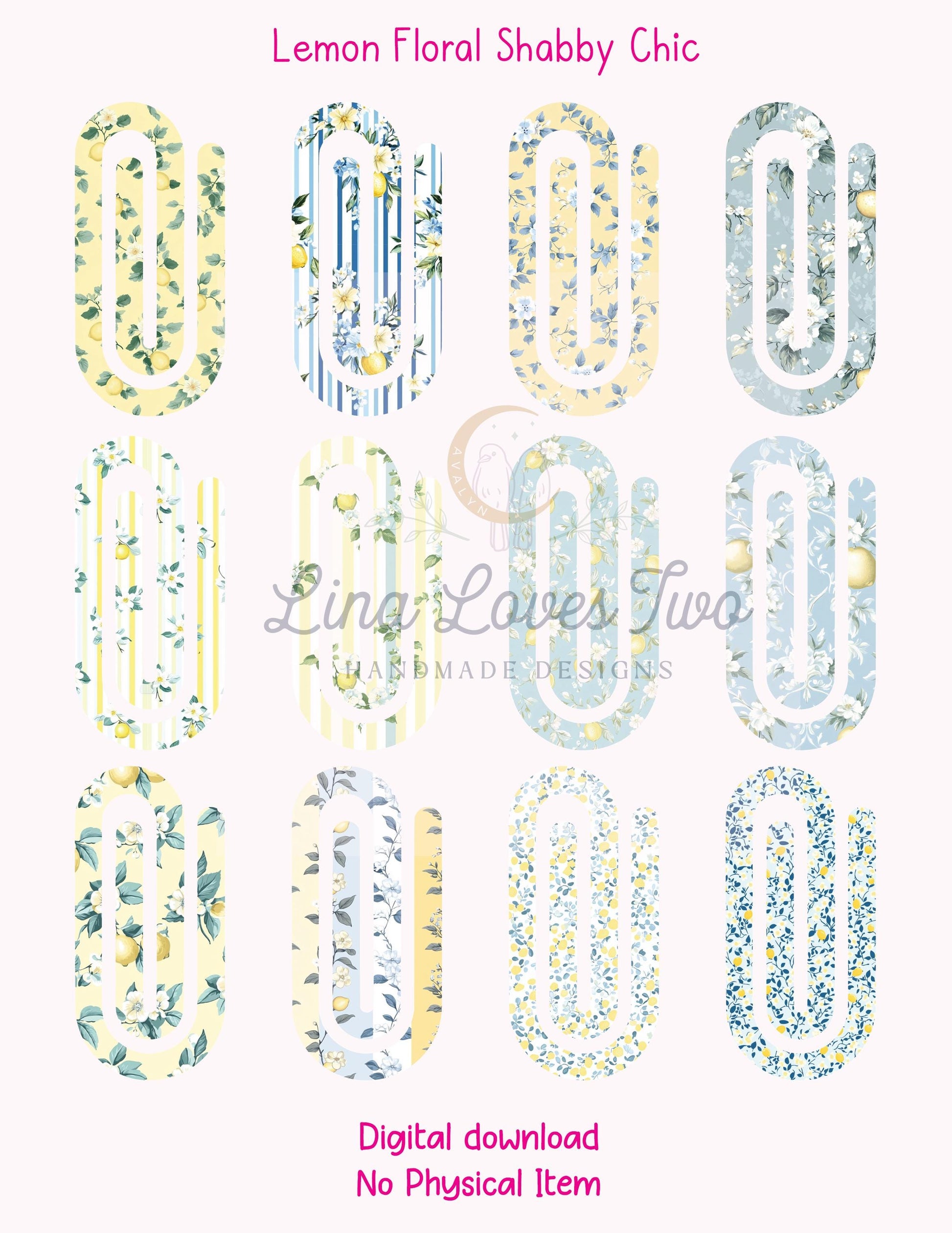 Lemon Floral Shabby Chic Theme Jumbo Paperclip PNG for Sublimation – Instant Digital Download