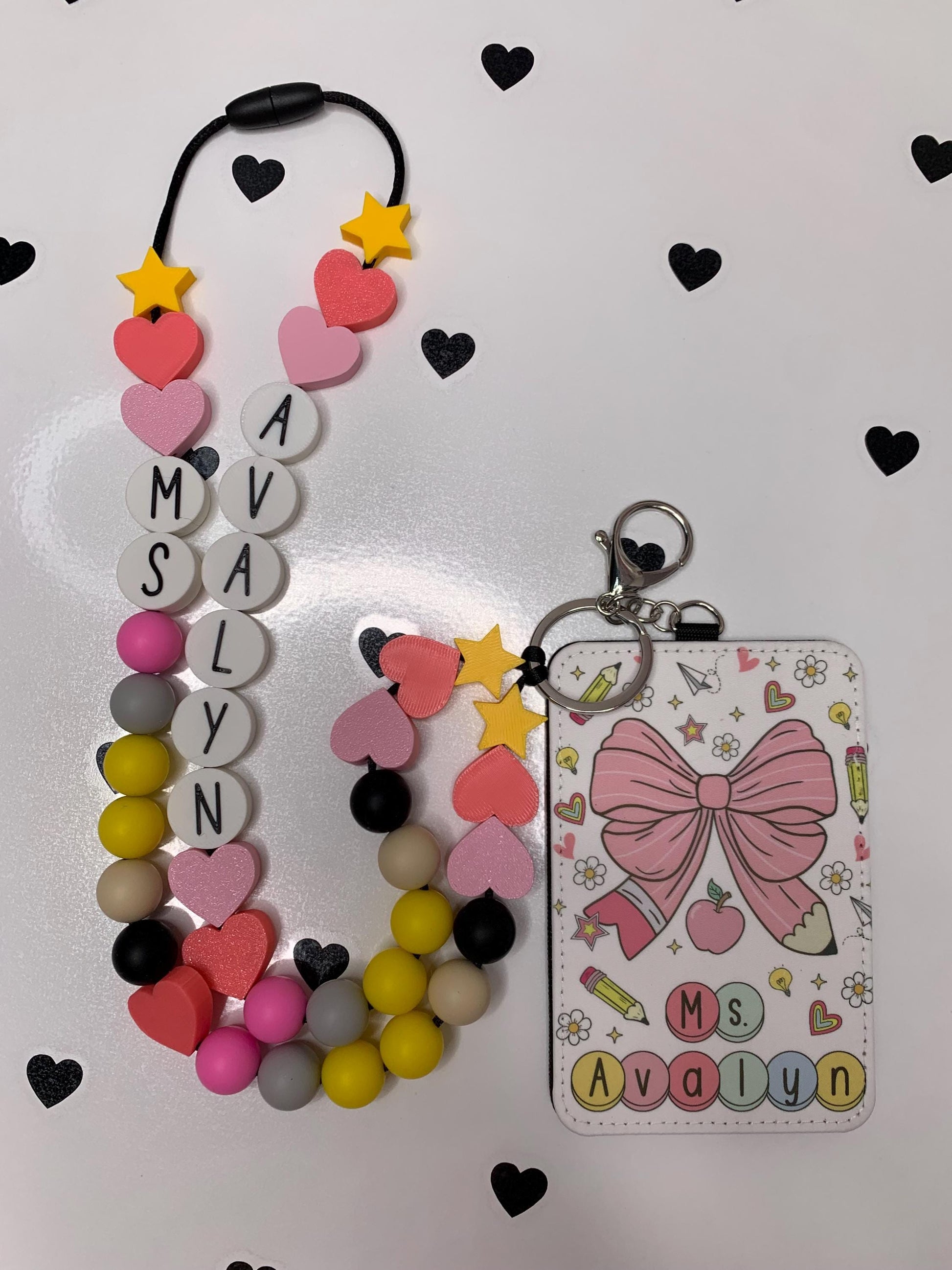 Coquette Pencil Bow ID Badge Holder: Friendship Bracelet Lanyard