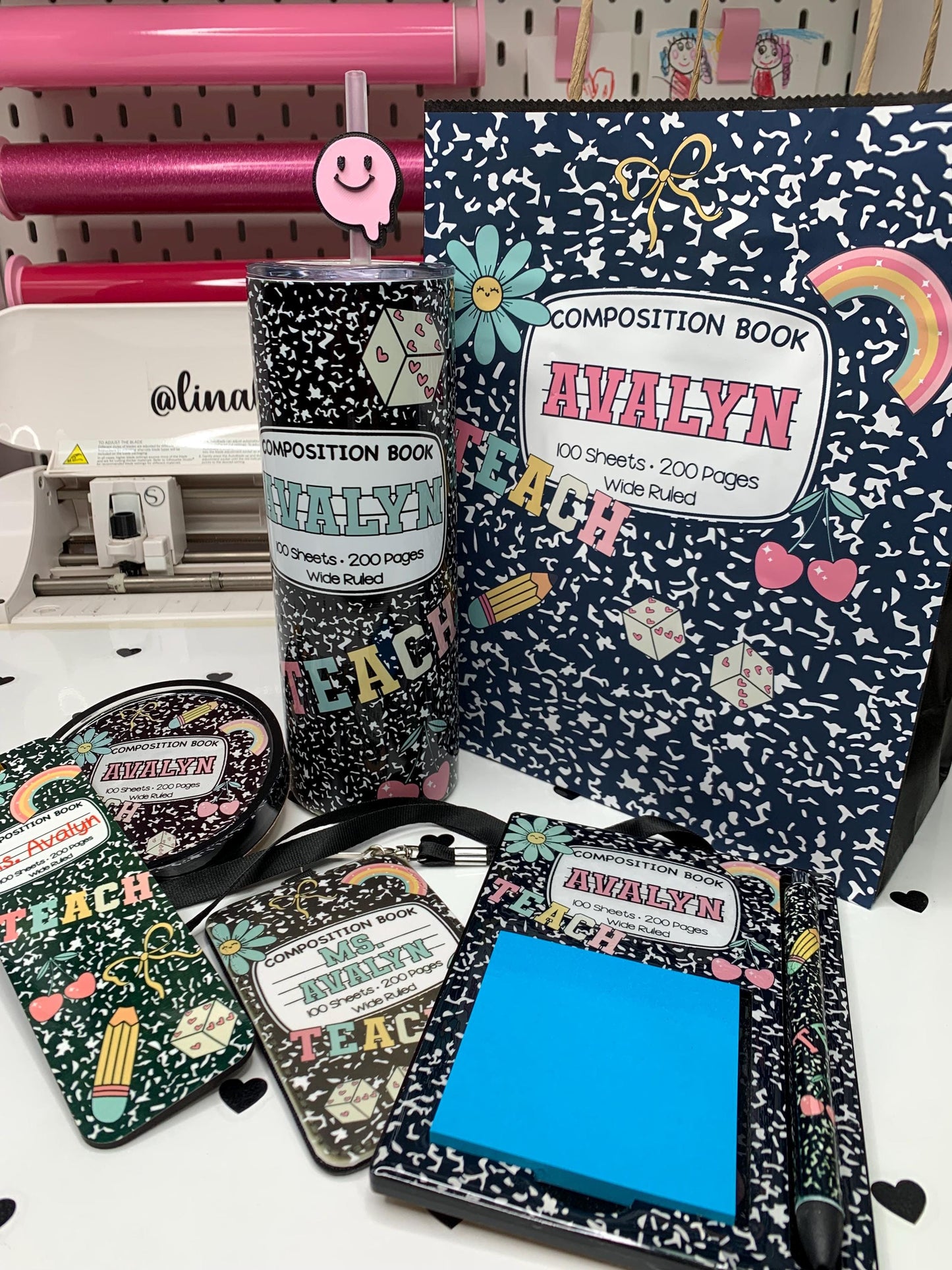 Composition Doodle Set – Personalized 20oz Tumbler, Notepad Holder, Bookmark, ID Badge with Lanyard, Coaster & Gift Bag