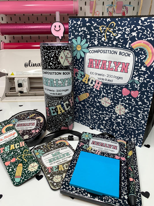 Composition Doodle Set – Personalized 20oz Tumbler, Notepad Holder, Bookmark, ID Badge with Lanyard, Coaster & Gift Bag