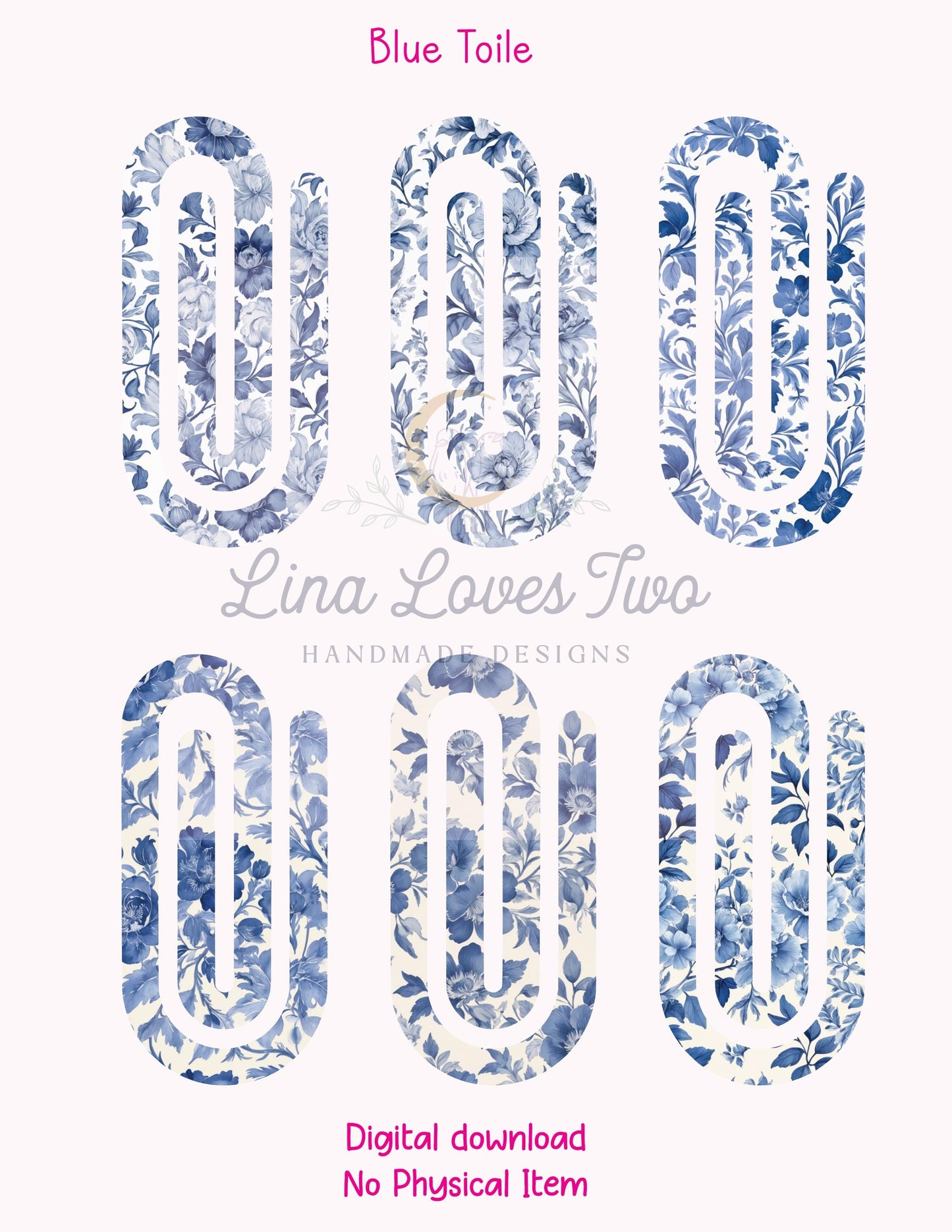 Blue French Toile Theme Jumbo Paperclip PNG for Sublimation – Instant Digital Download