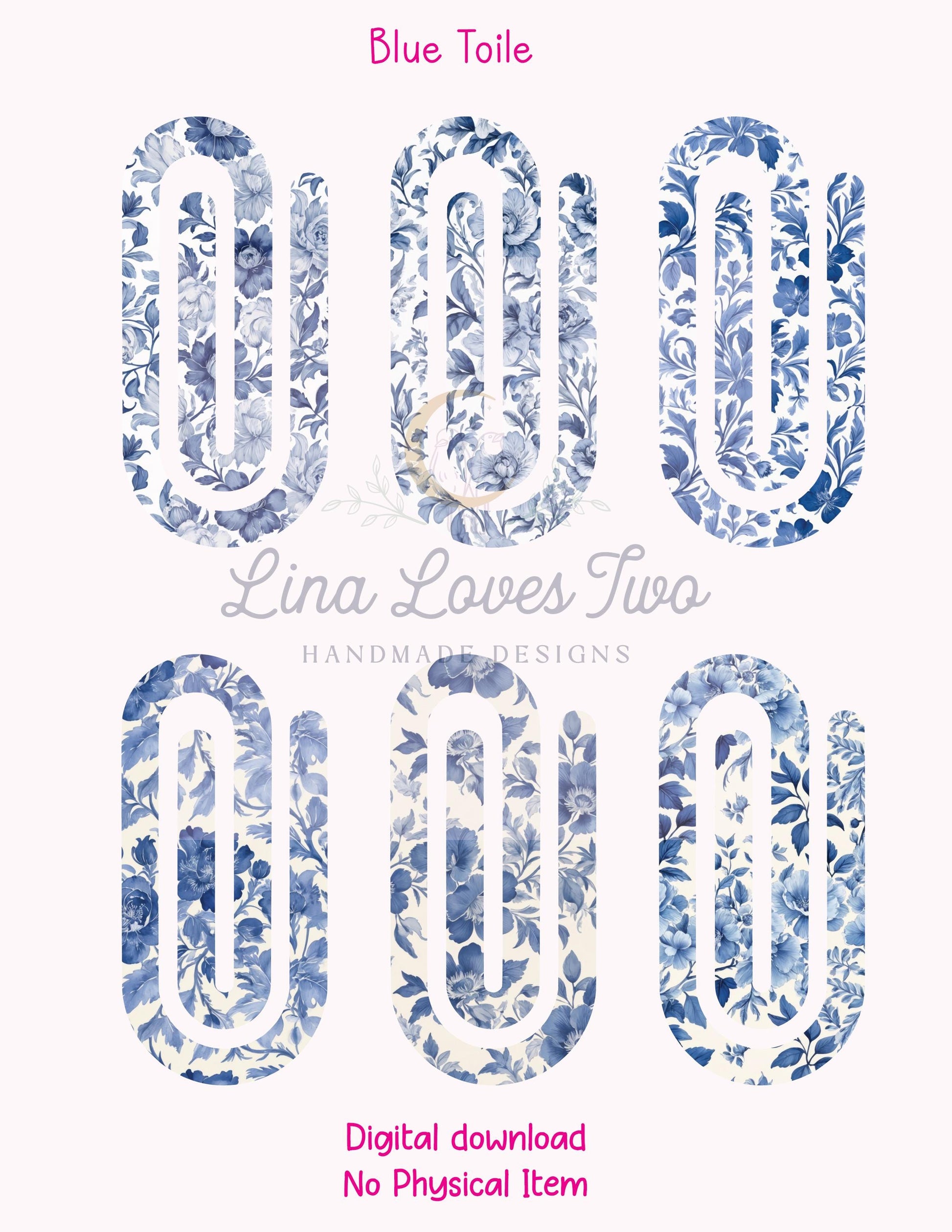 Blue French Toile Theme Jumbo Paperclip PNG for Sublimation – Instant Digital Download