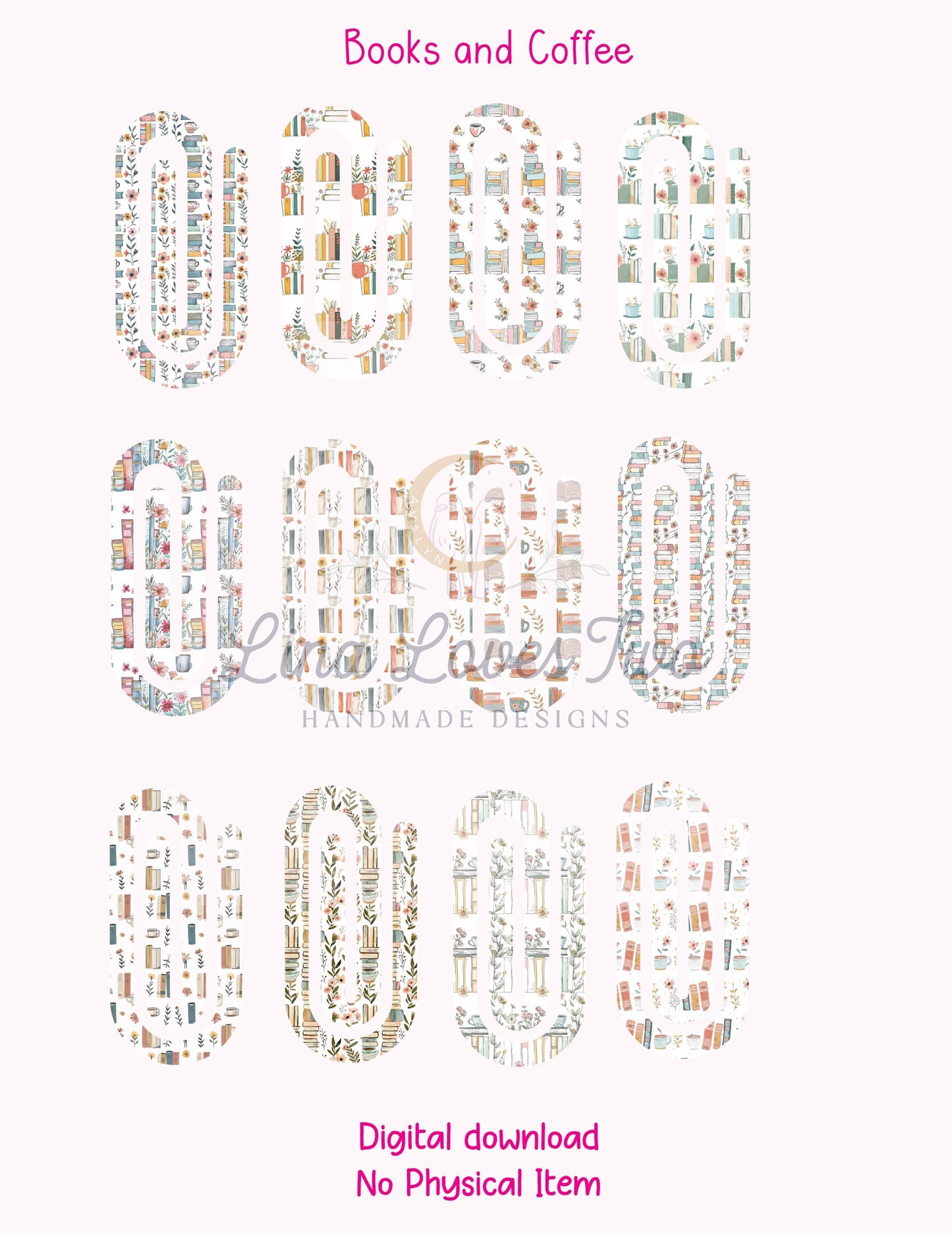 Books and Coffee Theme Jumbo Paperclip PNG for Sublimation – Instant Digital Download