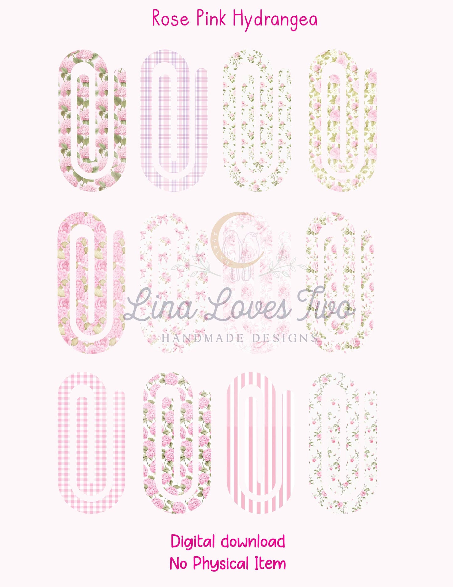 Rose Pink Hydrangea Theme Jumbo Paperclip PNG for Sublimation – Instant Digital Download