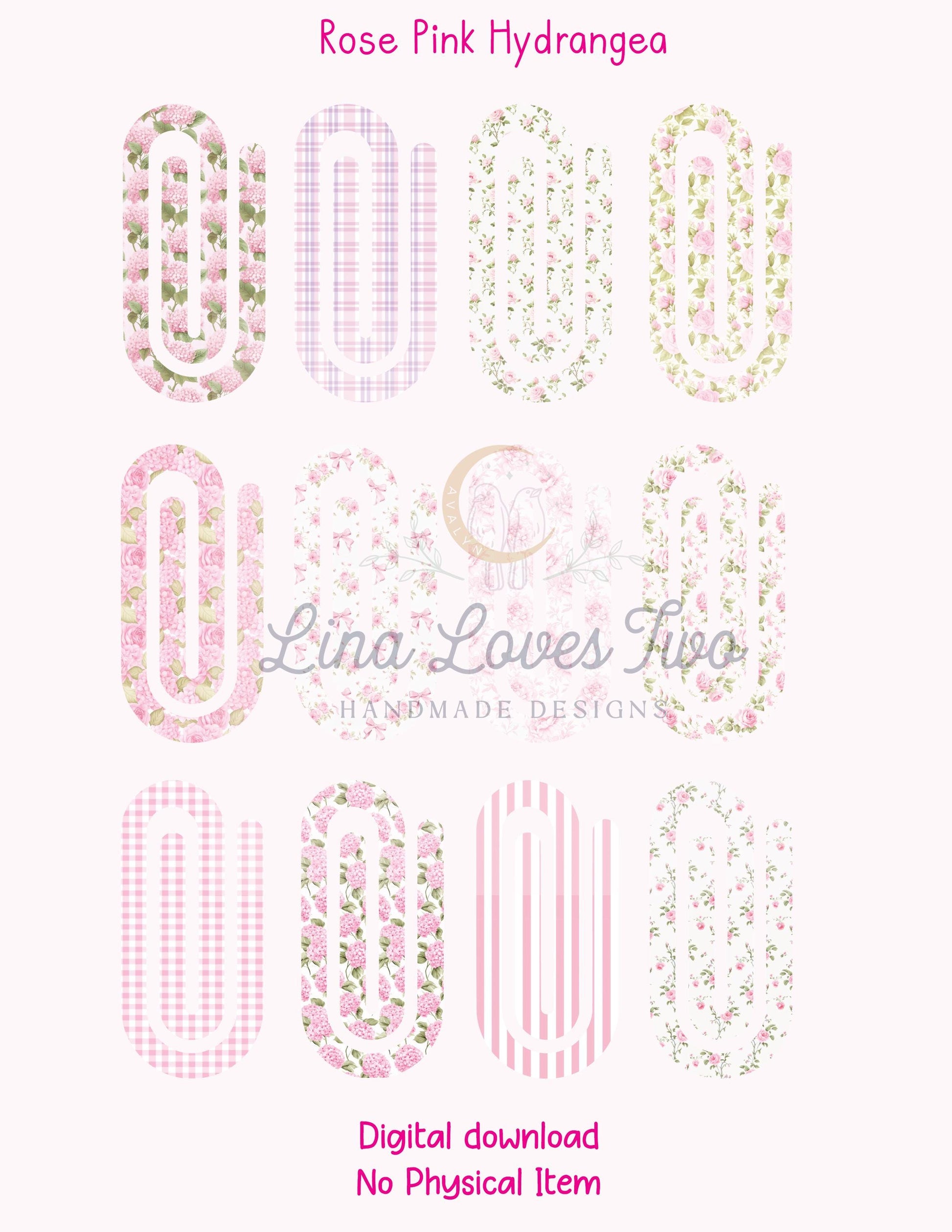 Rose Pink Hydrangea Theme Jumbo Paperclip PNG for Sublimation – Instant Digital Download